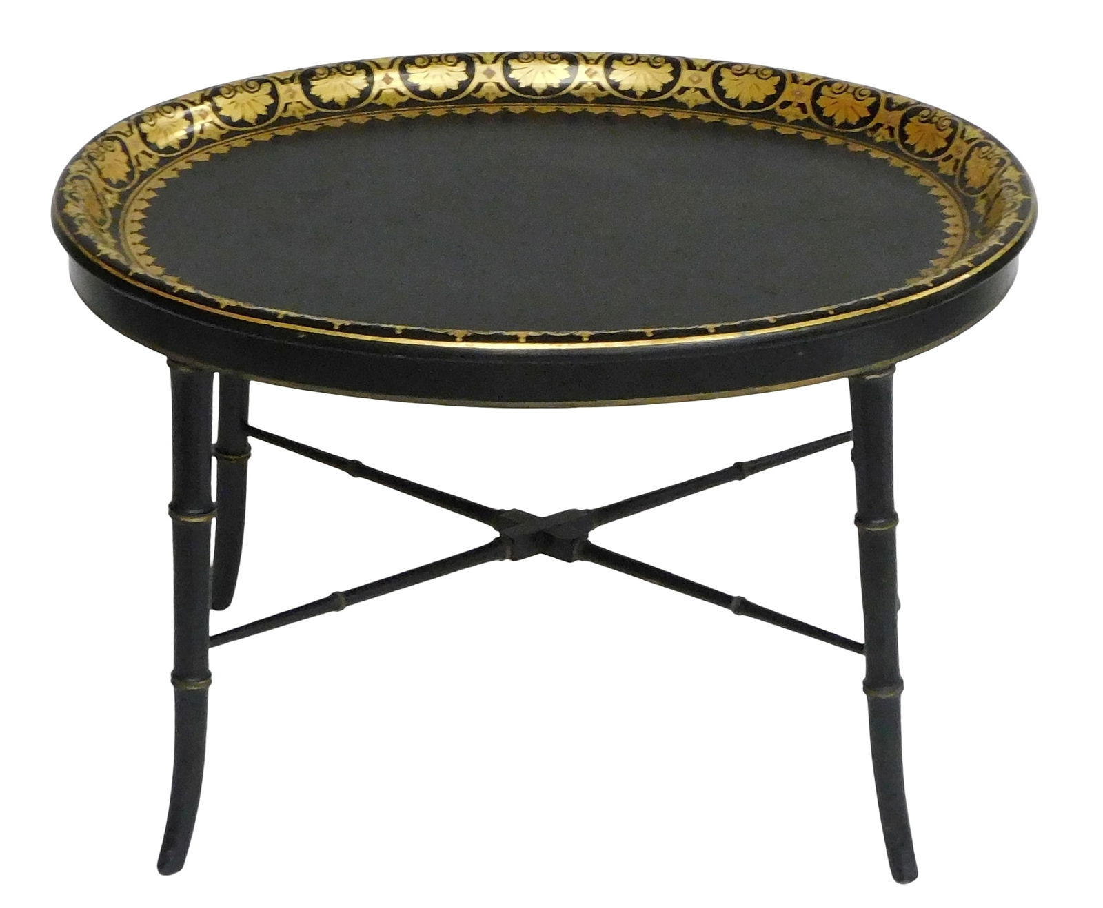 19th C. Tray top table, England, William Pope and Son, papier-mâché oval lift top, black with gold (1 of 6)