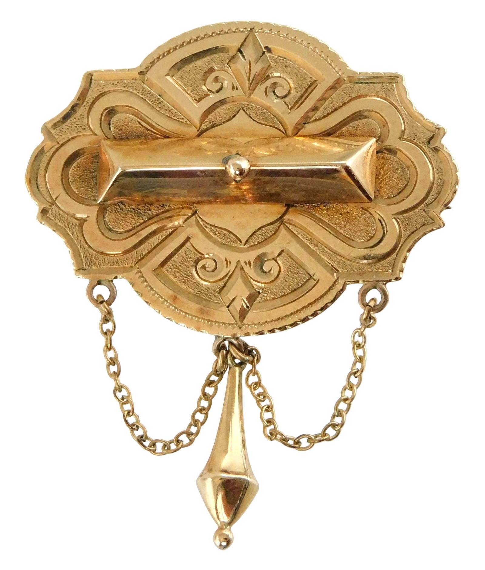 JEWELRY: Victorian 10K yellow gold brooch, oblong with shaped sides and raised center, drop pendant (1 of 2)