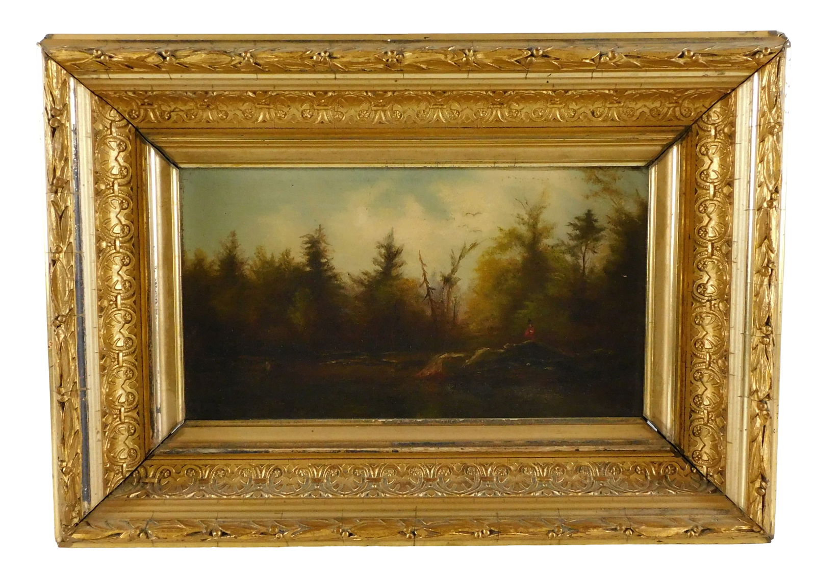 Untitled forest clearing landscape, 19th C., oil on canvas, gilt accented frame, unidentified artist: Untitled forest clearing landscape, 19th C., oil on canvas, gilt accented frame, unidentified artist monogram C.L.T. or G.L.T. signed black paint lower left, depicting a scene of a figure wearing red