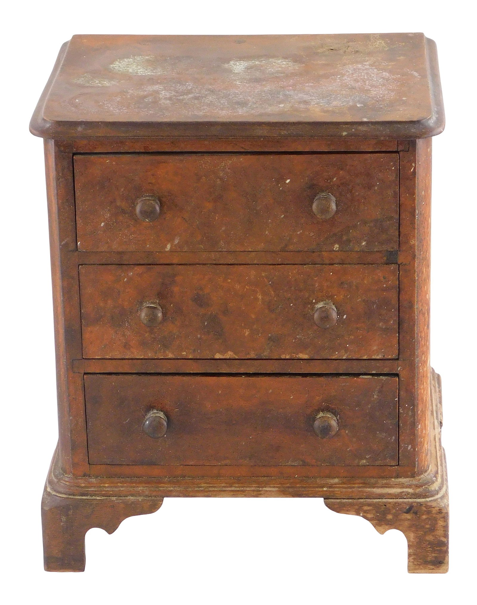 Diminutive chest of drawers, 19th C., Chippendale, three drawers, each with two wooden pulls,: Diminutive chest of drawers, 19th C., Chippendale, three drawers, each with two wooden pulls, straight bracket feet, stained wood finish, mildew staining, cracks throughout including large crack on si