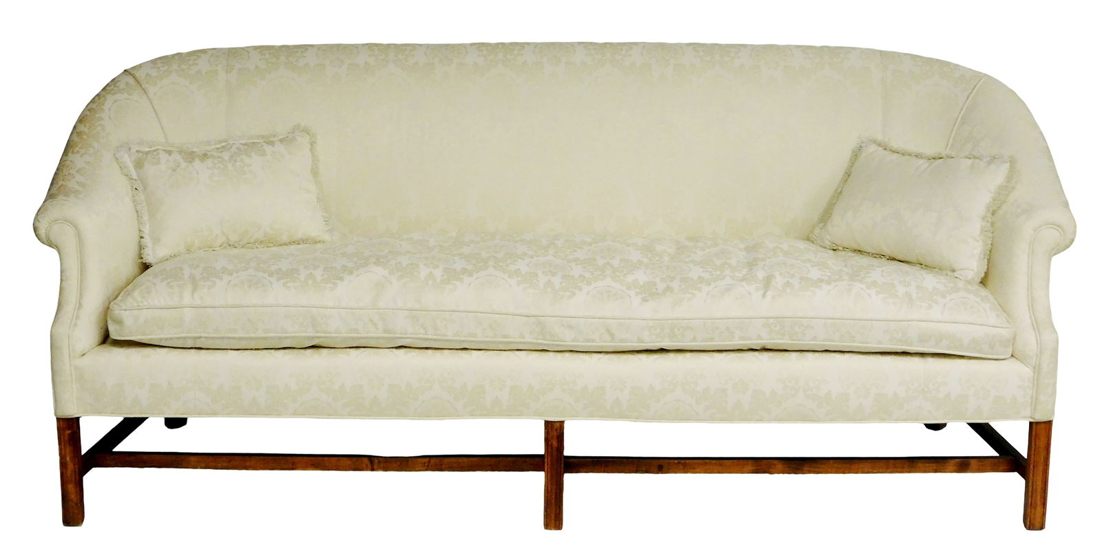 Chippendale style sofa, modern, cream/ivory damask fabric, curved rounded back tapering to rolled (1 of 2)