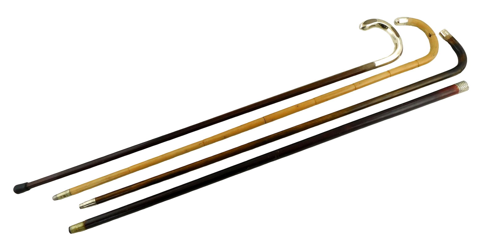 Walking sticks/ canes, four pieces, all with silver trim, details include: largest with crook (1 of 3)