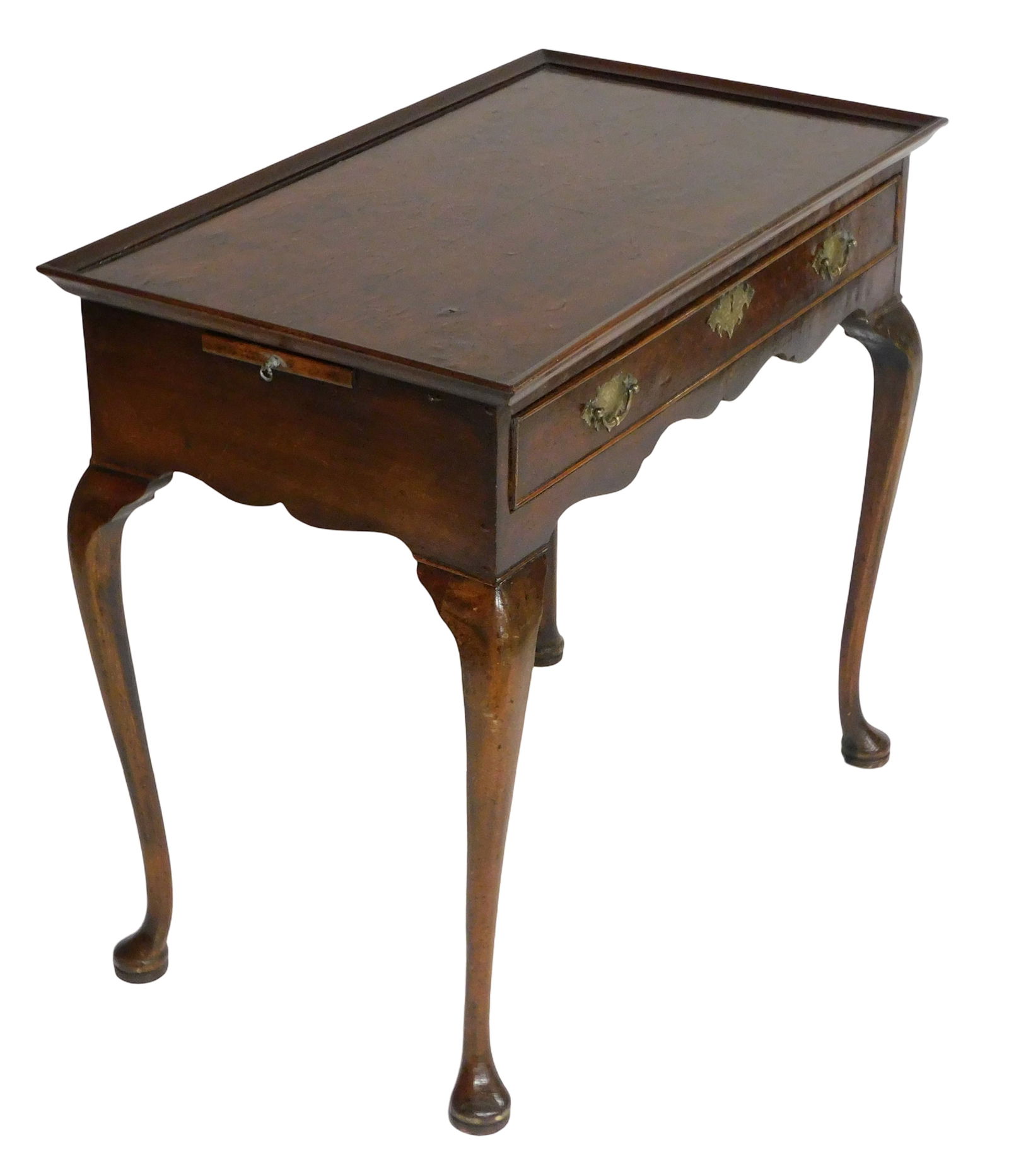 Queen Anne tea table, England, 18th C., mahogany, oak, tray top with book-matched burl veneer,: Queen Anne tea table, England, 18th C., mahogany, oak, tray top with book-matched burl veneer, candle slides over single long veneered drawer, engraved brass pulls and escutcheon, on cabriole legs end