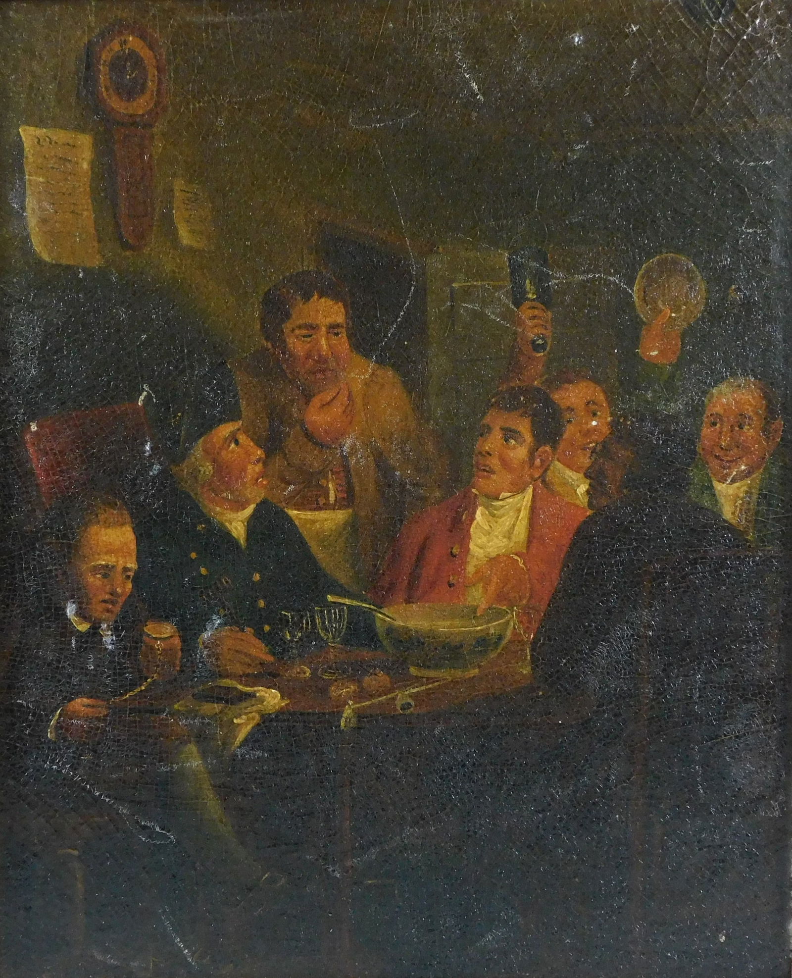 19th C. English tavern scene, oil on board, unsigned, framed, depicts tavern scene, men gathered (1 of 5)