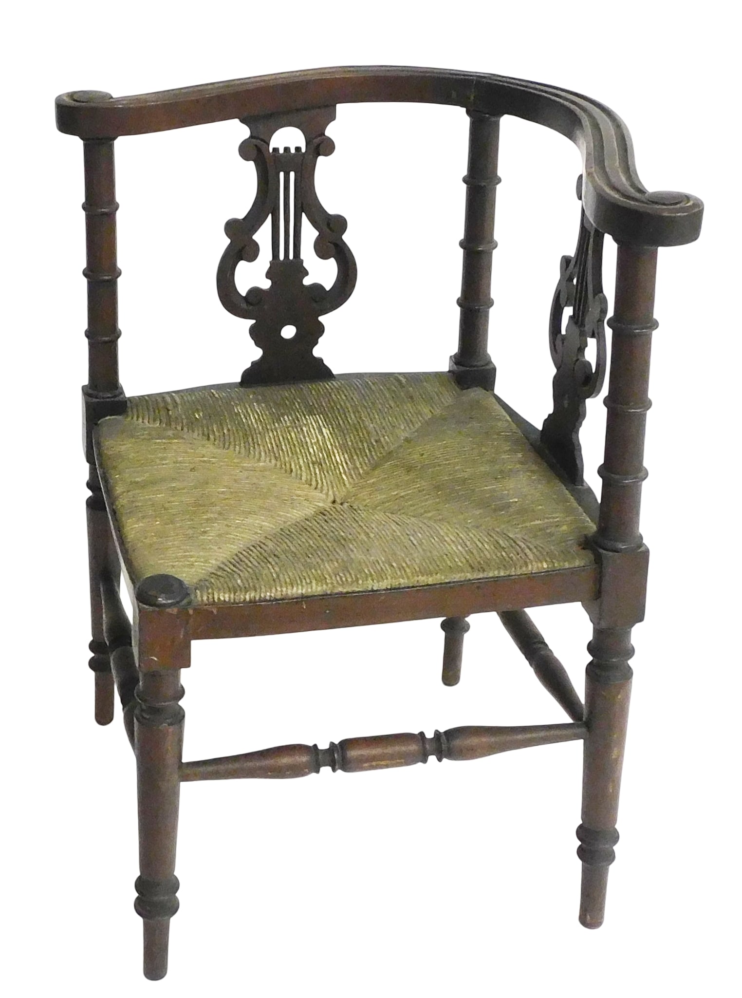 19th C. English corner chair, mahogany, carved crest rail over lyre/harp shaped splats on turned: 19th C. English corner chair, mahogany, carved crest rail over lyre/harp shaped splats on turned stiles and legs with turned box stretchers, rush seat, old surface and rush seat, repaired splat, wear