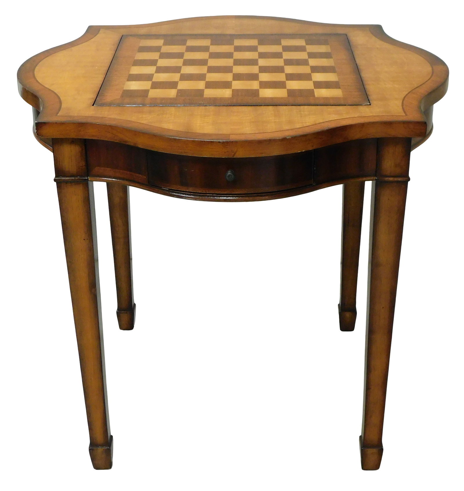 Games table, modern in Regency style, veneered and banded top and sides, cyma curved sides, two: Games table, modern in Regency style, veneered and banded top and sides, cyma curved sides, two drawers with checkers, parcheesi reversible game board insert, on tapered legs, wear consistent with age