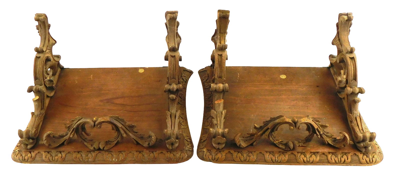 Pair of wall bracket/shelves, English or Continental, likely 19th C., pine, heavily carved, aged (1 of 4)