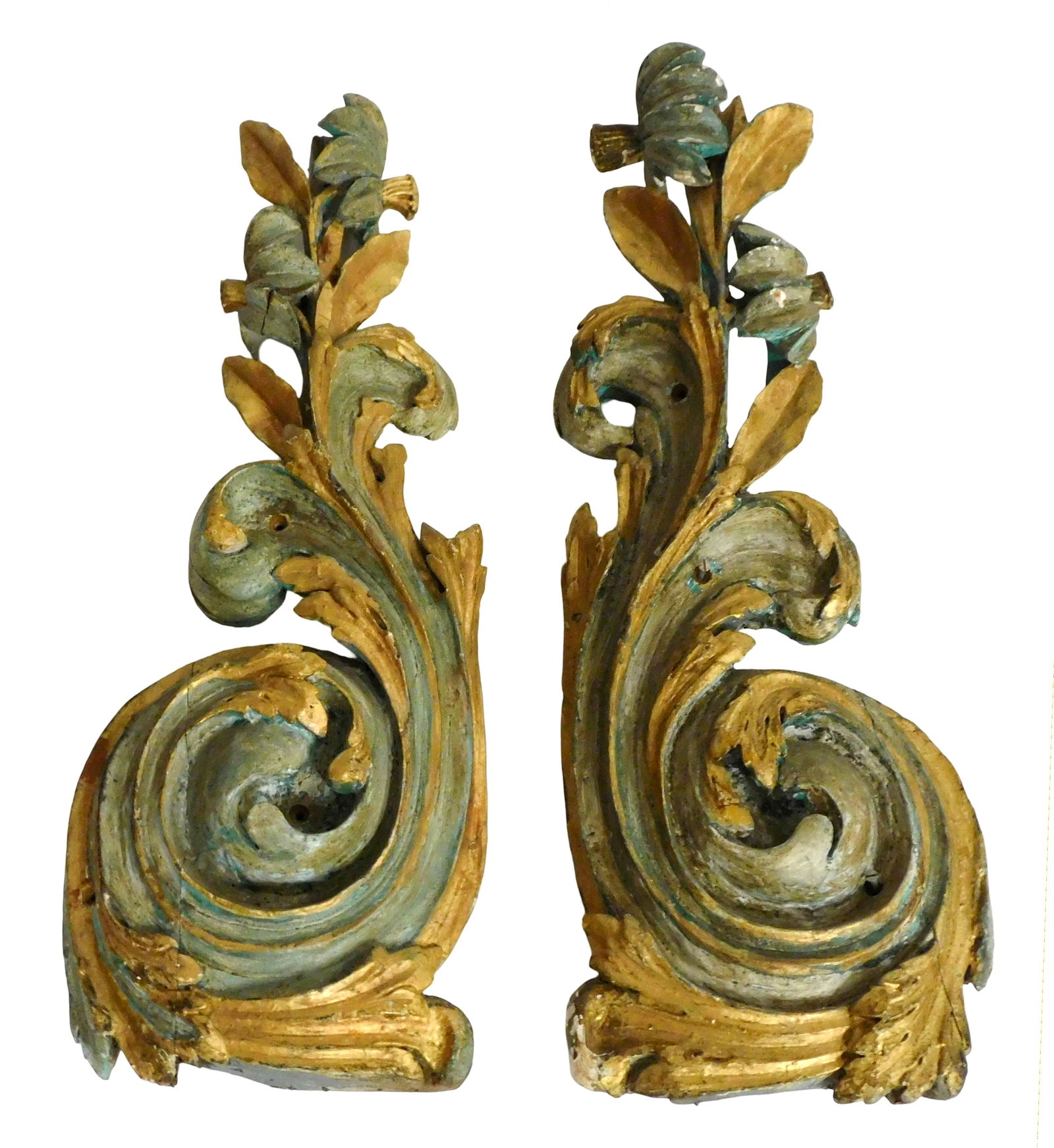 Pair of carved gilt and verdigris architectural fragments, foliate scrolls with large c-curls at: Pair of carved gilt and verdigris architectural fragments, foliate scrolls with large c-curls at top, each with two drill holes for mounting, wear consistent with age and use, both with checking, crac
