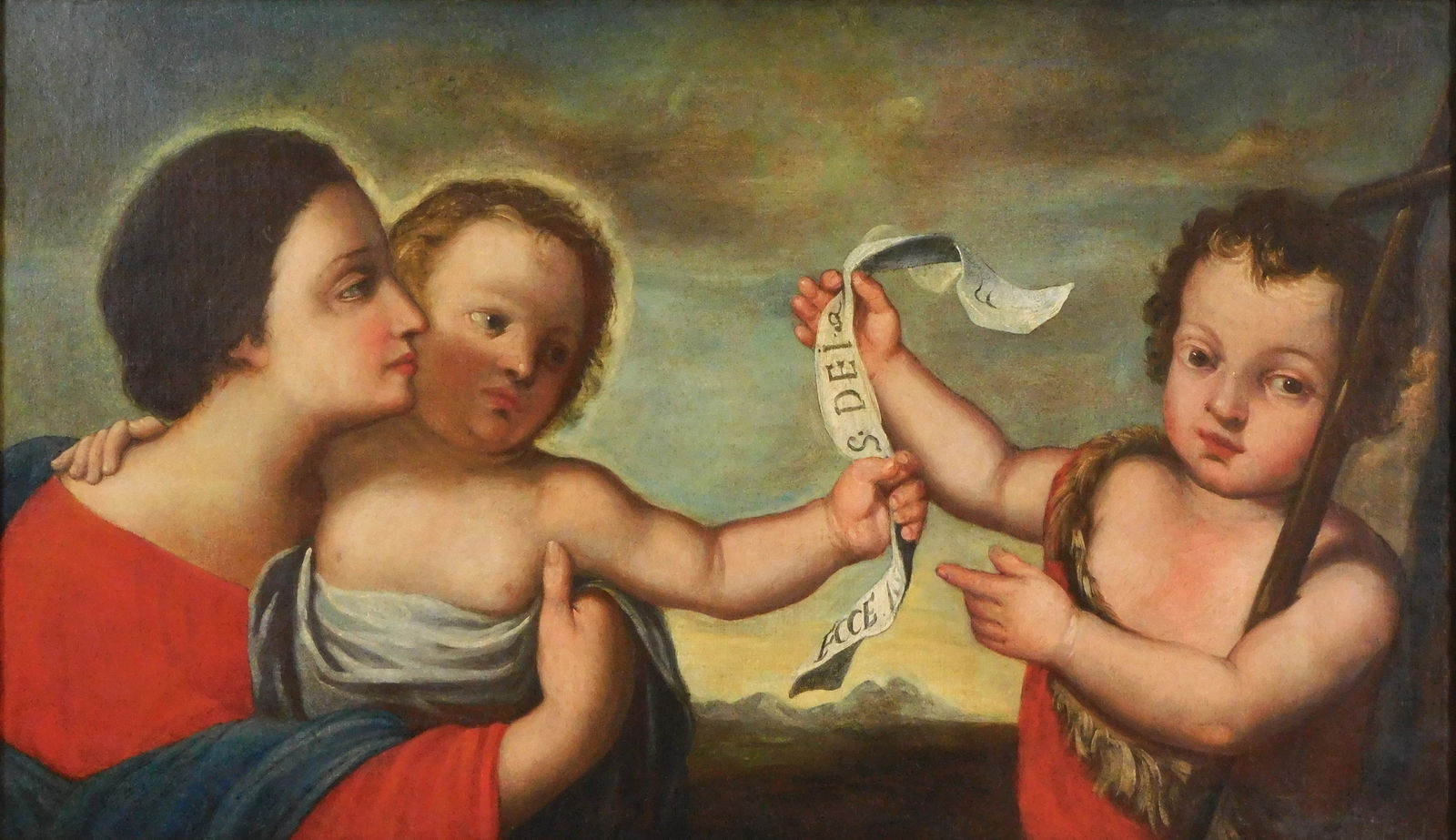 17th C. Bolognese School, "Madonna and Child with John the Baptist", oil on canvas, ribbon held by: 17th C. Bolognese School, "Madonna and Child with John the Baptist", oil on canvas, ribbon held by infants Jesus and Saint John at center reads "ECCE [AGNU]S DEI" ("Behold the Lamb of God"), no signat