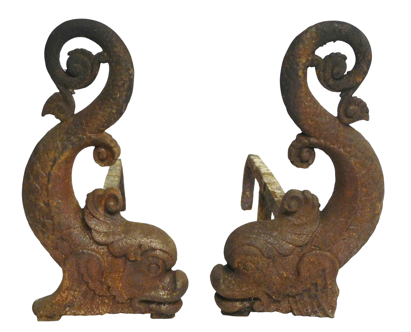 Pair of figural cast iron andirons with dolphin design, 19th C., in Bradley & Hubbard style with: Pair of figural cast iron andirons with dolphin design, 19th C., in Bradley & Hubbard style with dolphins, single “K” to one verso, no other marks viewed, wear on both consistent with age and