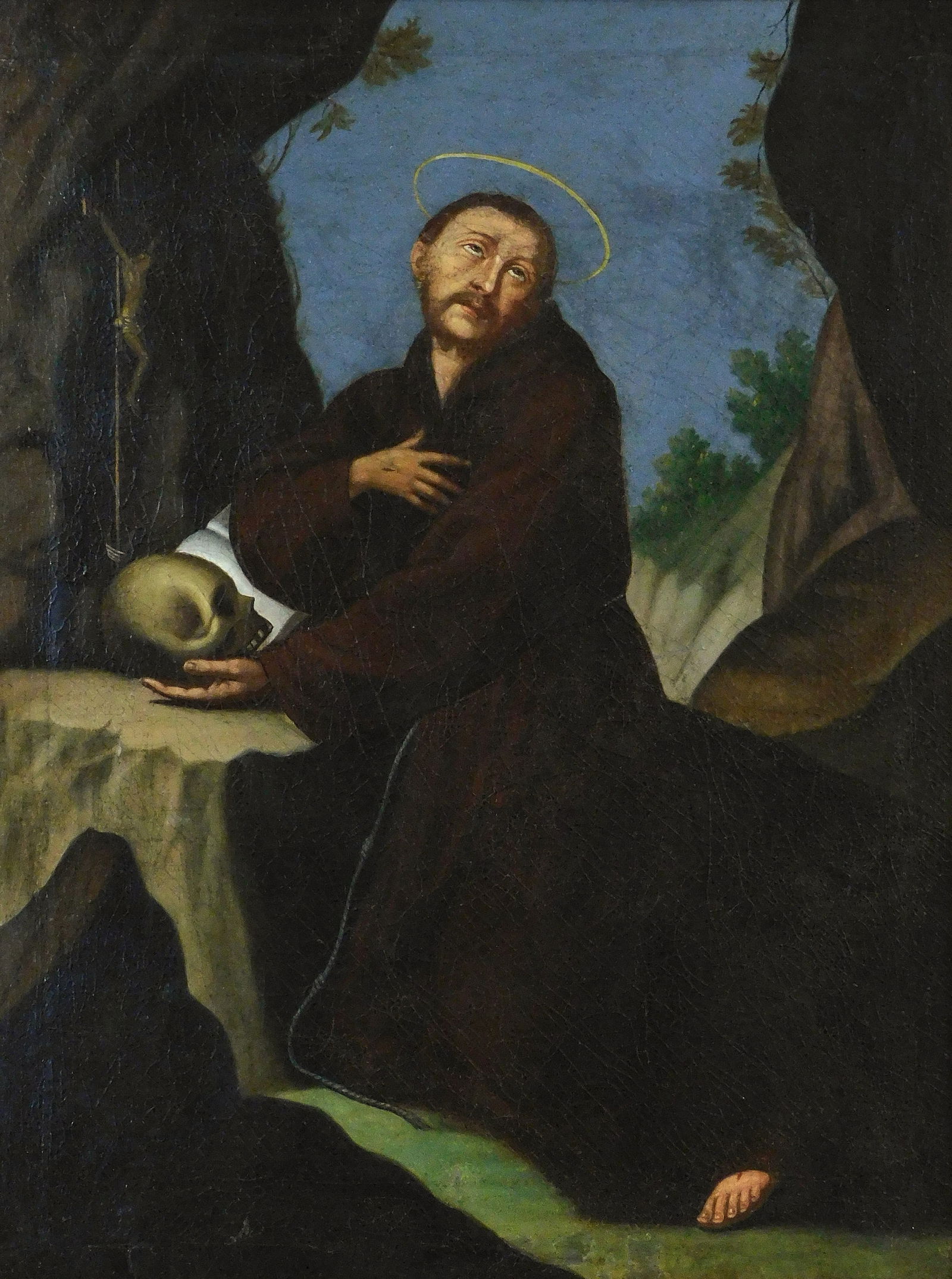 After Guido Reni (Bologna, 1575- 1642) "Saint Francis of Assisi in Ecstasy", likely 19th C. copy of: After Guido Reni (Bologna, 1575- 1642) "Saint Francis of Assisi in Ecstasy", likely 19th C. copy of old master, oil on canvas, depicts the saint kneeling at a stone alter at the opening of a cave, con