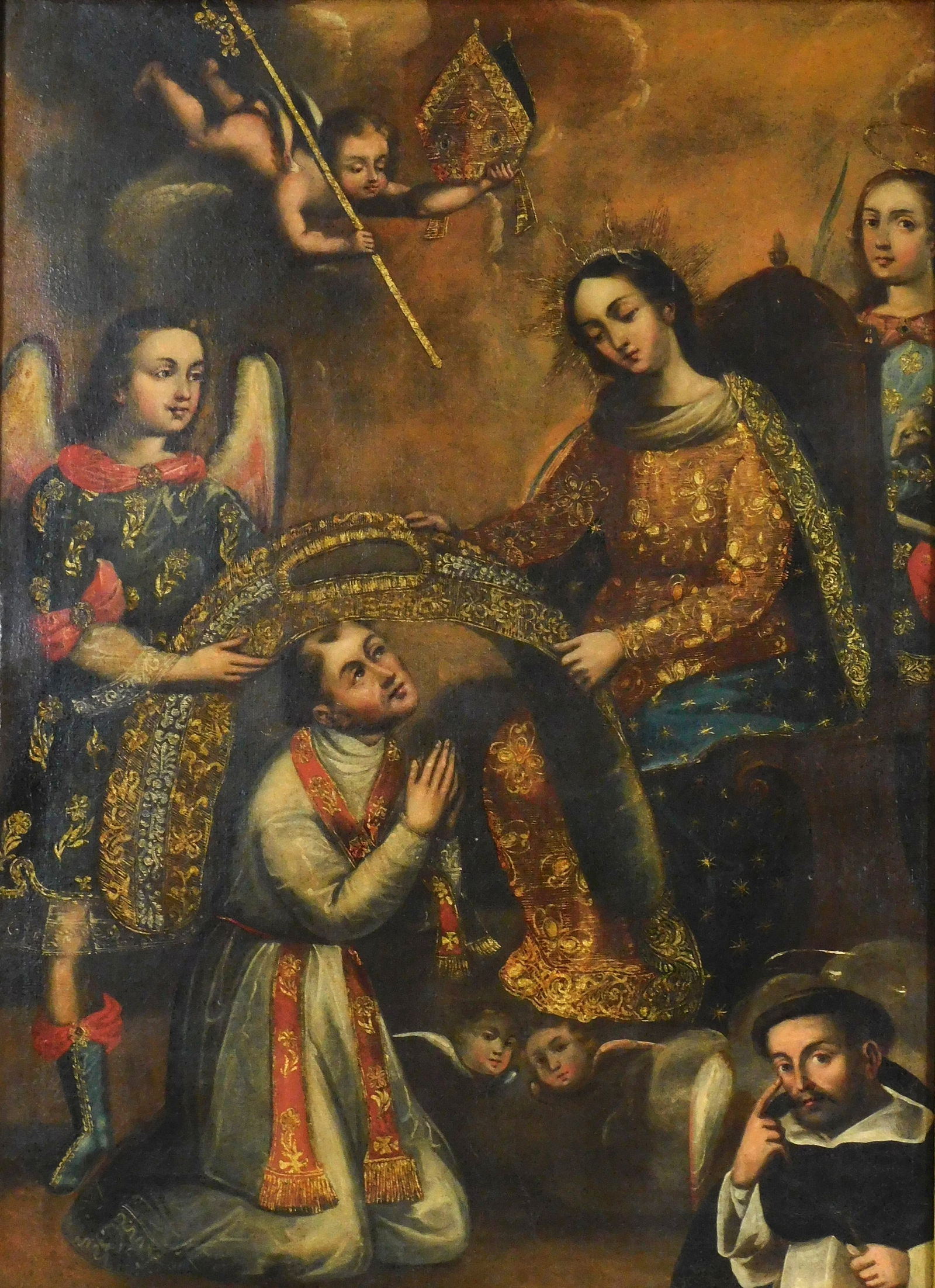 Peruvian/ Cuzco School, probably 18th C., "Virgin Mary investing St. Ildefonso as a Bishop (1 of 4)