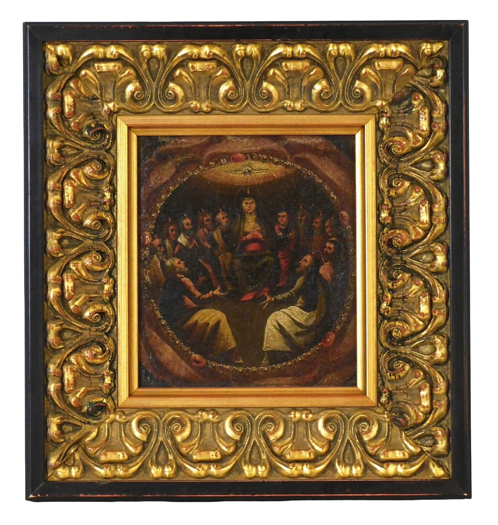 Spanish Colonial oil on canvas of the Pentecost, possibly Cuzco School South American, oil on linen,: Spanish Colonial oil on canvas of the Pentecost, possibly Cuzco School South American, oil on linen, depicts the Virgin Mary and twelve disciples in circular arrangement, each with candle burning abov
