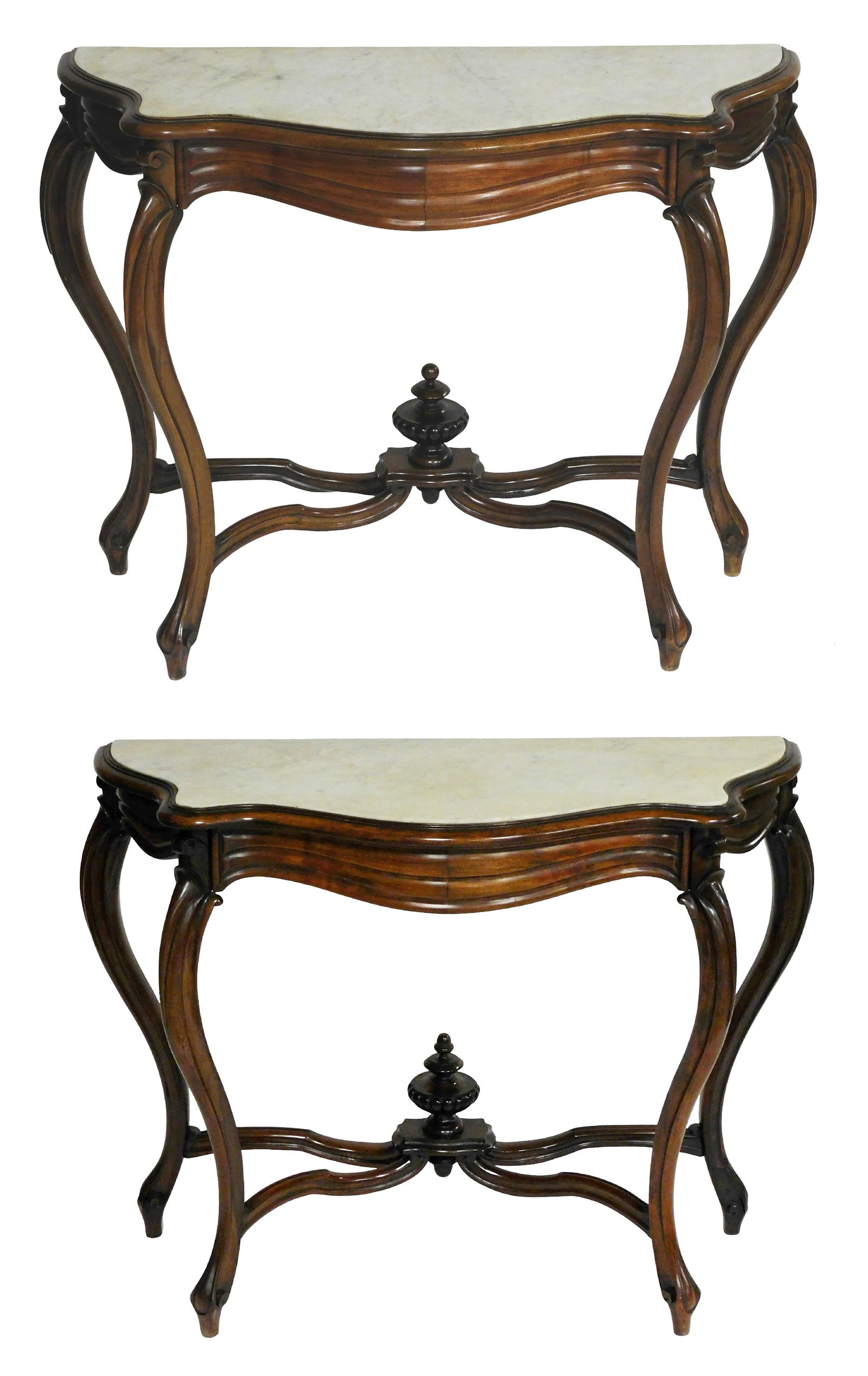 Pair of marble top console tables, Europe, late 19th C., rosewood with other hardwoods, white marble: Pair of marble top console tables, Europe, late 19th C., rosewood with other hardwoods, white marble top, each with serpentine front, conforming long drawer, shaped sides on cabriole legs ending in ca