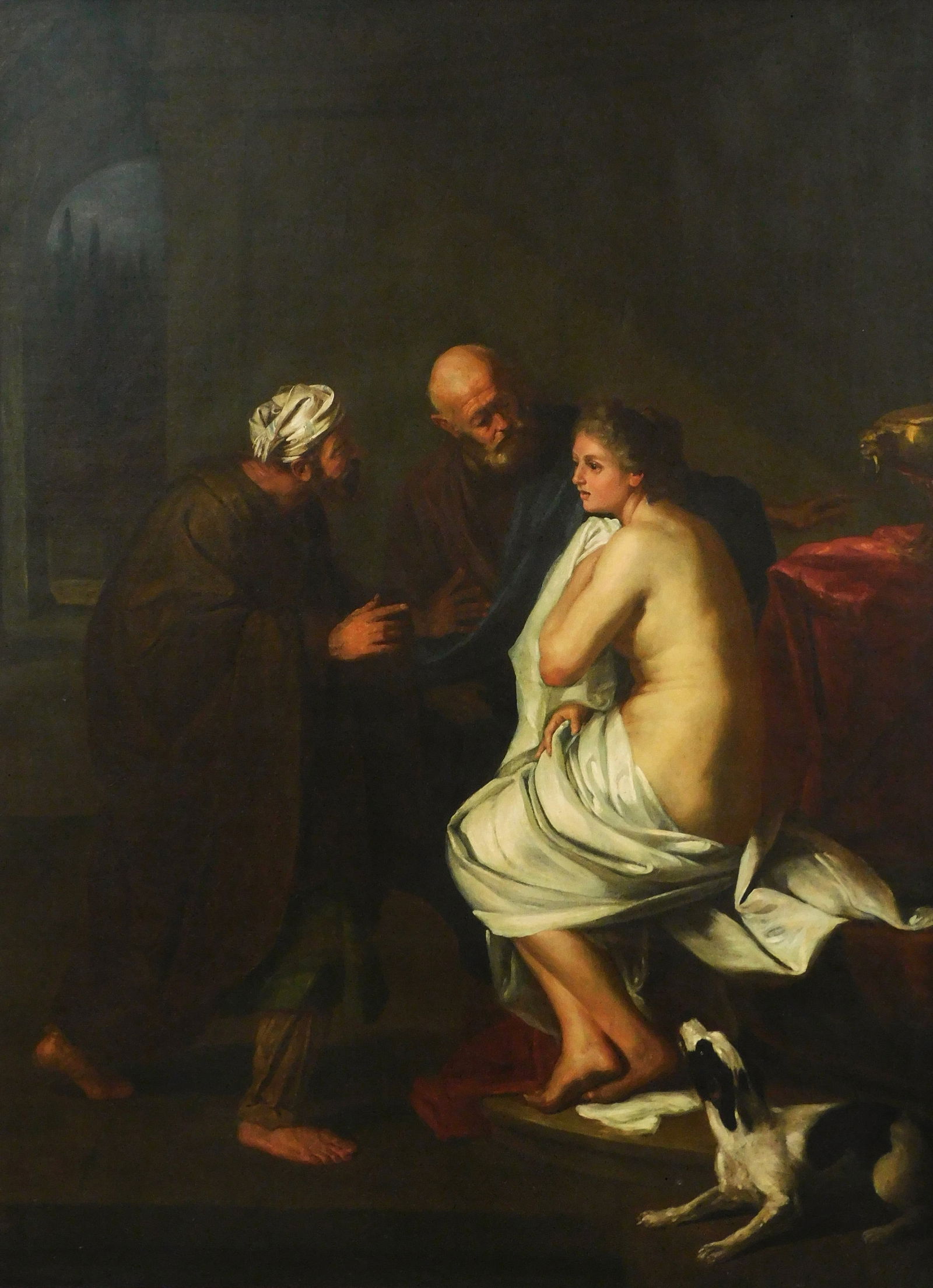 Italian School, 17th C., "Susannah and the Elders", oil on canvas, unsigned, depicts Biblical scene: Italian School, 17th C., "Susannah and the Elders", oil on canvas, unsigned, depicts Biblical scene of three figures, partly nude female figure at right, darkly toned background, no signature viewed,