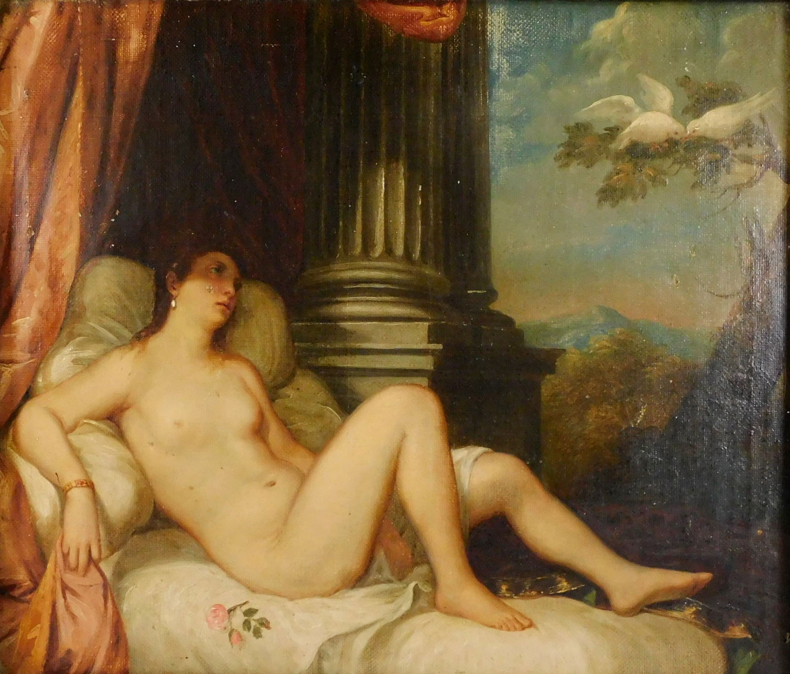 Continental 19th C. painting featuring "Danaë", oil on canvas, reclining female nude on a bed: Continental 19th C. painting featuring "Danaë", oil on canvas, reclining female nude on a bed beside a column, two doves in a tree branch outside, no signature viewed, wear consistent with age, small