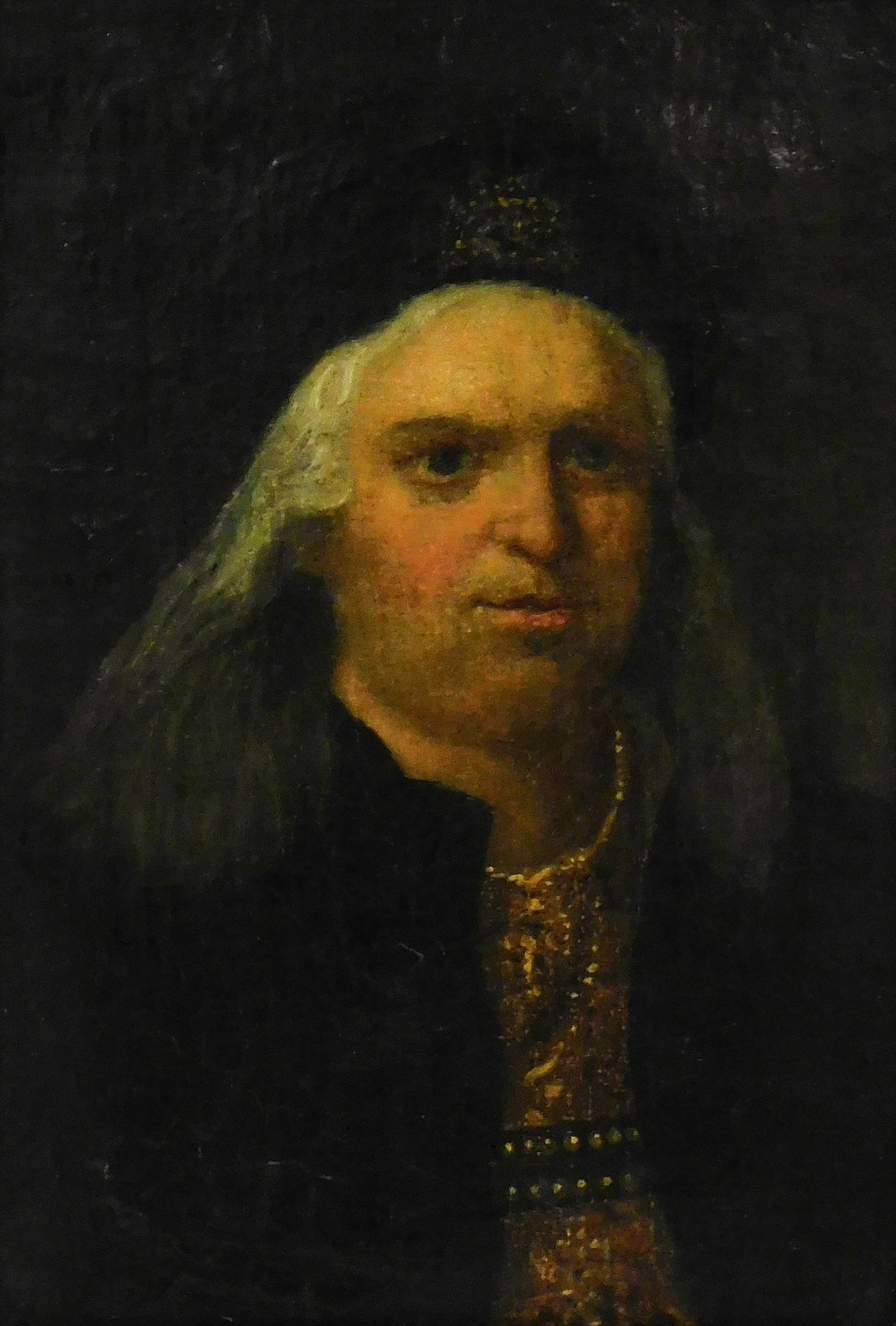 Early portrait of grey haired gentleman dressed in the manner of a 15th C. Italian nobleman, domed: Early portrait of grey haired gentleman dressed in the manner of a 15th C. Italian nobleman, domed cap with jeweled brooch over long grey hair, black coat open to reveal gold colored vest, no signatur