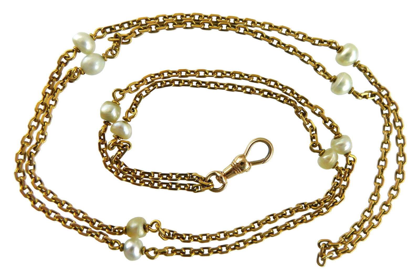 JEWELRY: 14K Pearl watch chain, rectangular cable link chain with swivel hook clasp, stamped and: JEWELRY: 14K Pearl watch chain, rectangular cable link chain with swivel hook clasp, stamped and tested "14k" yellow gold, with ten freshwater pearls, 4.5 - 5.5mm, set in wires every 2 1/4" on chain,