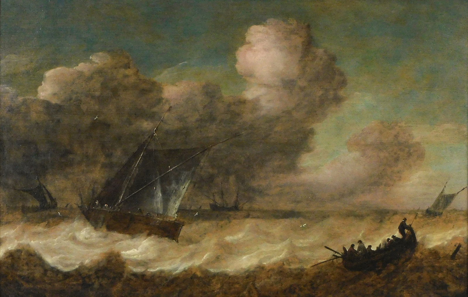 Anonymous (formerly attributed to Van de Welde the younger), Dutch School oil on cradleboard,: Anonymous (formerly attributed to Van de Welde the younger), Dutch School oil on cradleboard, "Stormy Weather", depicts seascape of figures aboard rowboat and other ships being tossed in violently in