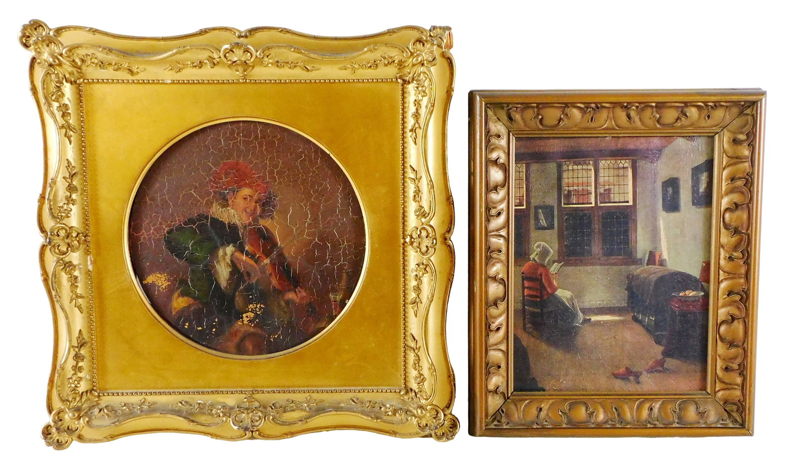 Two Dutch style images, the first, 19th C. oil on panel, depicting a jester or musician, no (1 of 5)