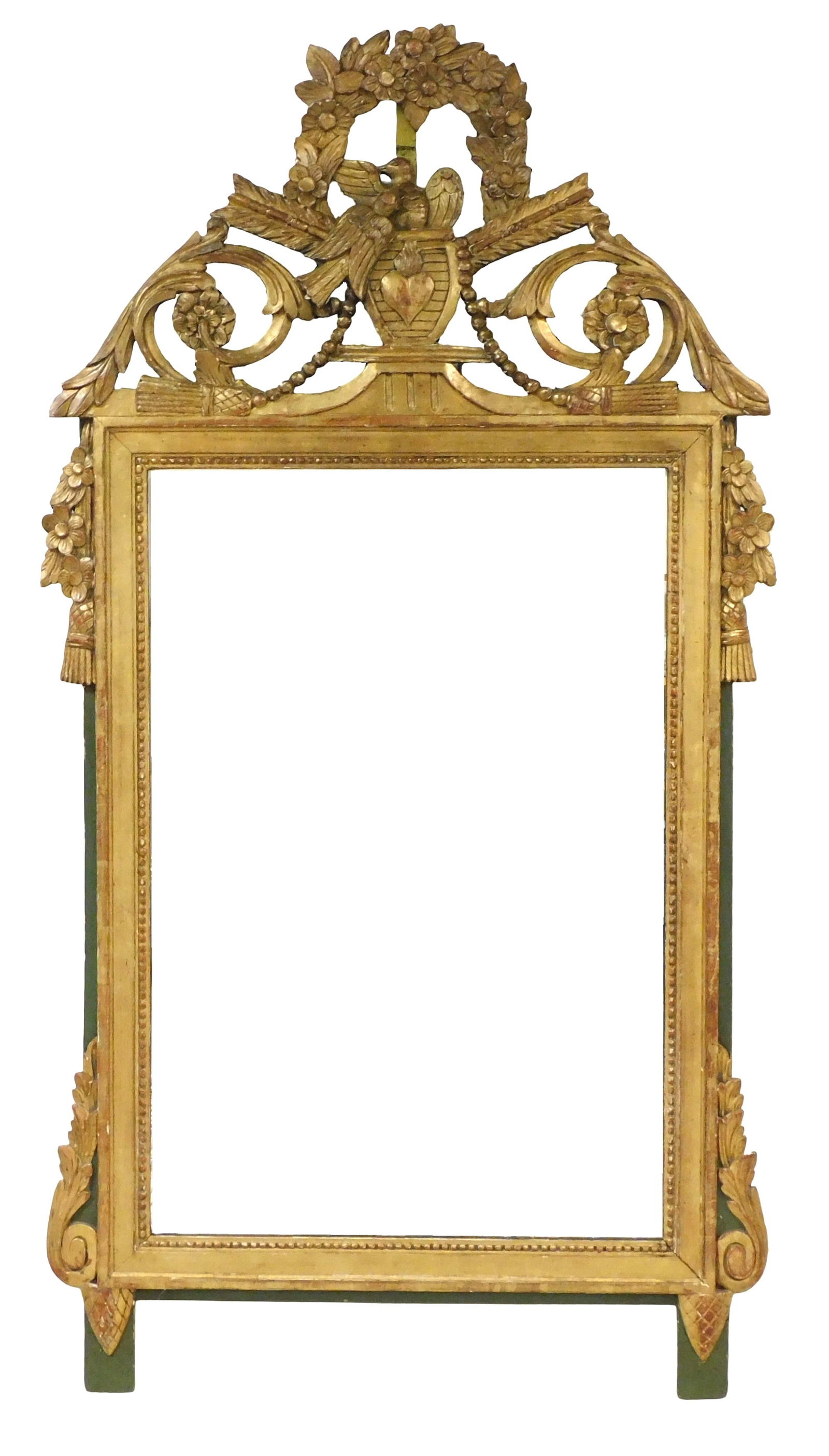 French ornate wall mirror, 19th C., Directoire style, carved and gilded wood frame, crest with: French ornate wall mirror, 19th C., Directoire style, carved and gilded wood frame, crest with floral arch over lovebirds centering spiral floral and leafage vine, carved leafage corner brackets on tw