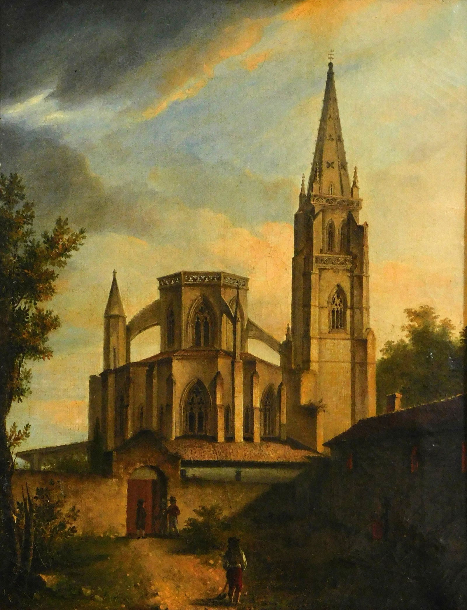 19th C. Oil on canvas of Gothic church, French, depicts stone cathedral with arched windows,: 19th C. Oil on canvas of Gothic church, French, depicts stone cathedral with arched windows, flanking buttresses and steep spires, indistinctly signed (possibly 'Durand') and dated in lower left corne