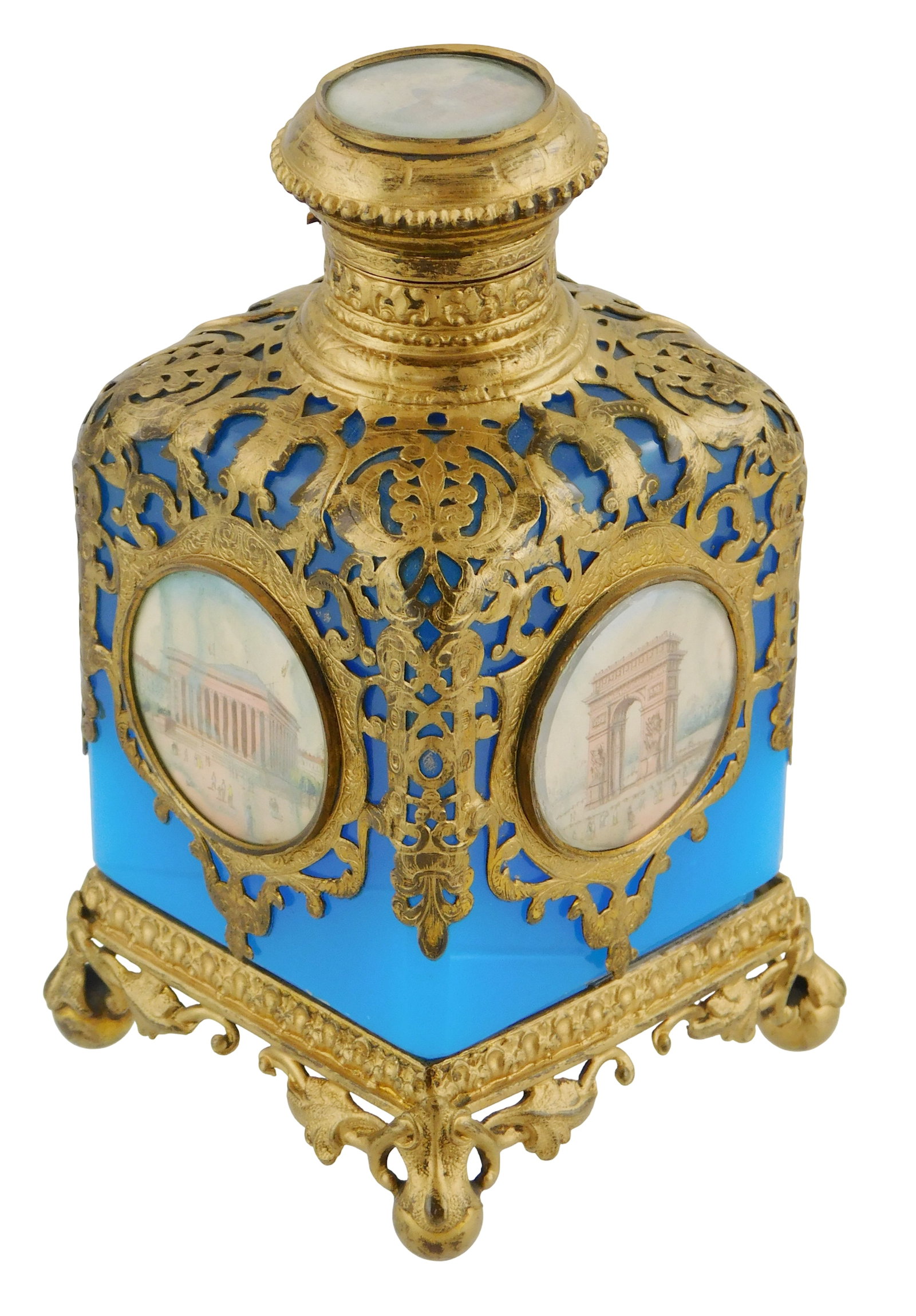 Palais Royale blue opaline perfume bottle, French, 19th C., rectangular blue vessel with ornate gilt: Palais Royale blue opaline perfume bottle, French, 19th C., rectangular blue vessel with ornate gilt metal mounts, containing hand painted medallions of Parisian landmarks on all four sides and on bot