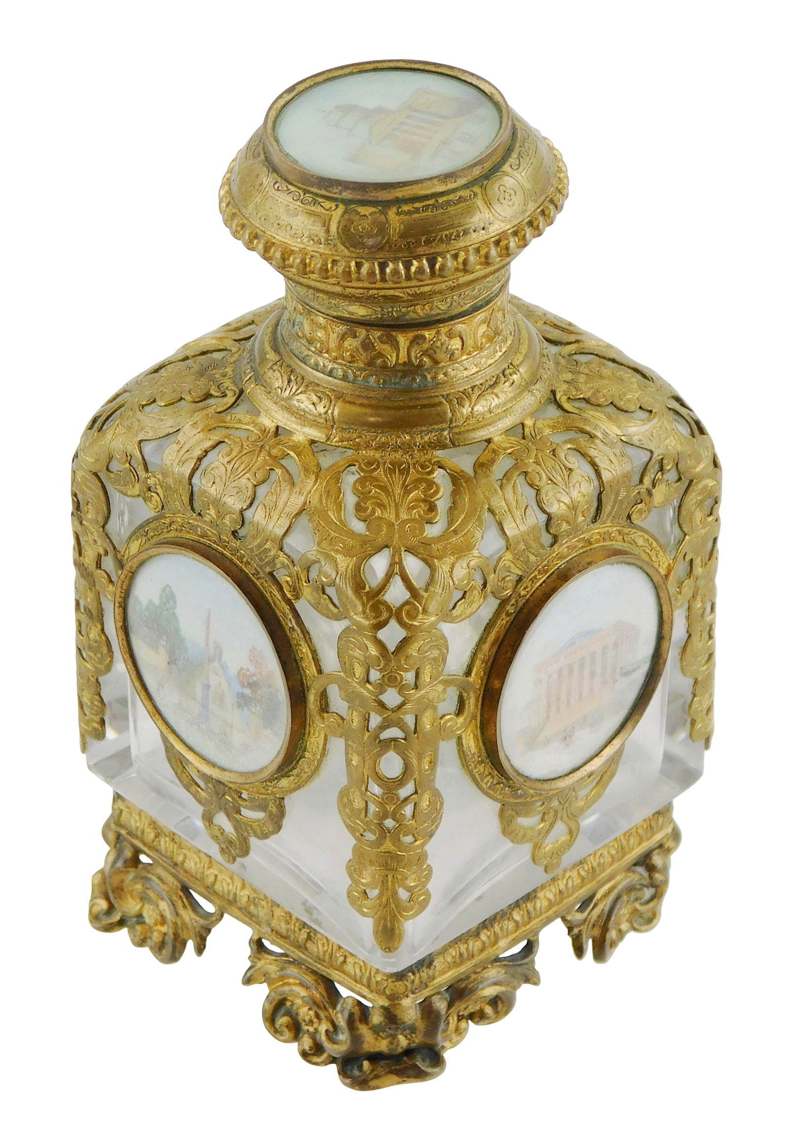 Palais Royale crystal perfume bottle, French, 19th C., rectangular clear vessel with ornate gilt: Palais Royale crystal perfume bottle, French, 19th C., rectangular clear vessel with ornate gilt metal mounts, containing hand painted medallions of Parisian landmarks on all four sides and on bottle