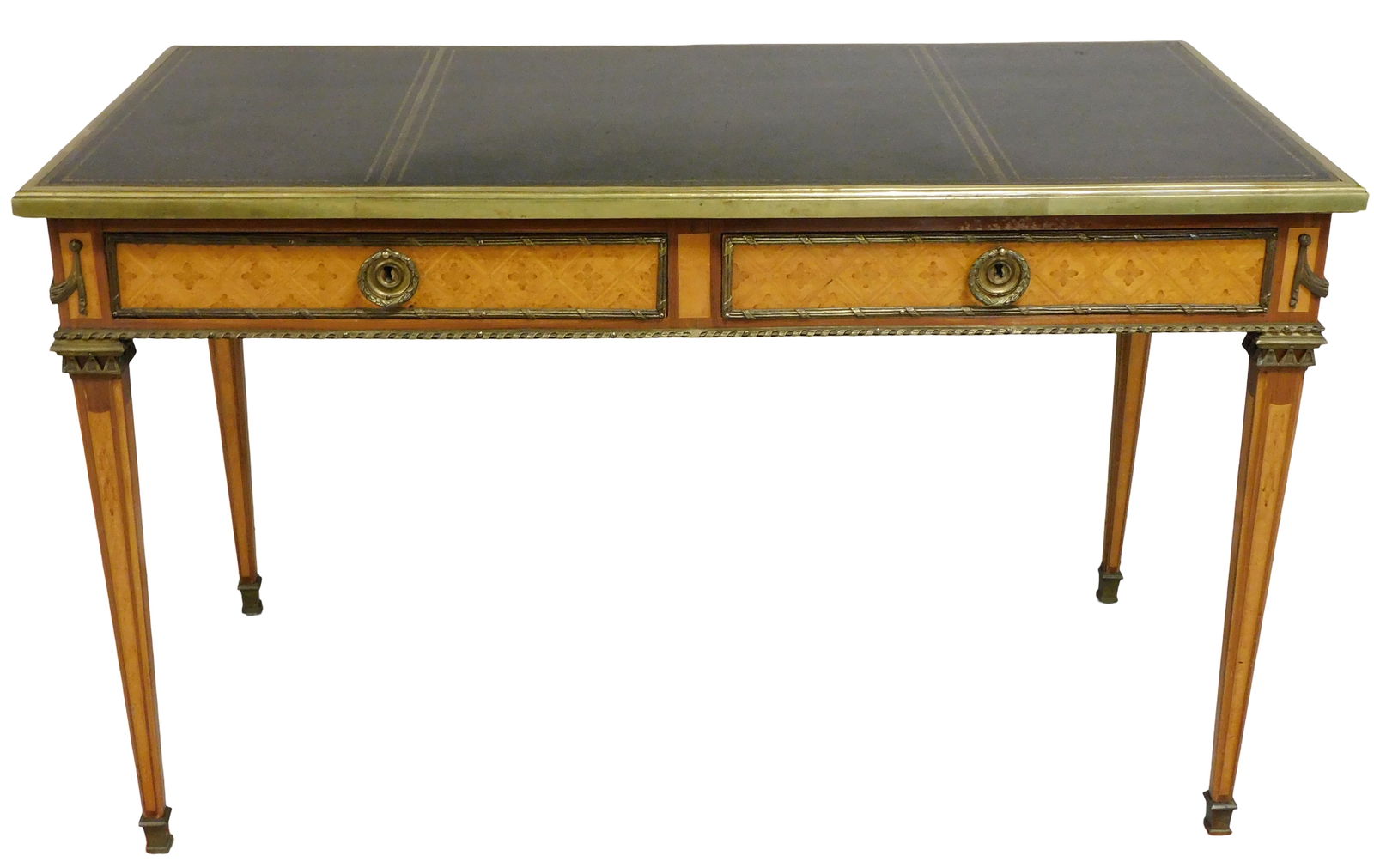 Writing table, 20th C., Louis XVI style bureau plat, mahogany, ash, fruitwood, tooled leather (1 of 4)