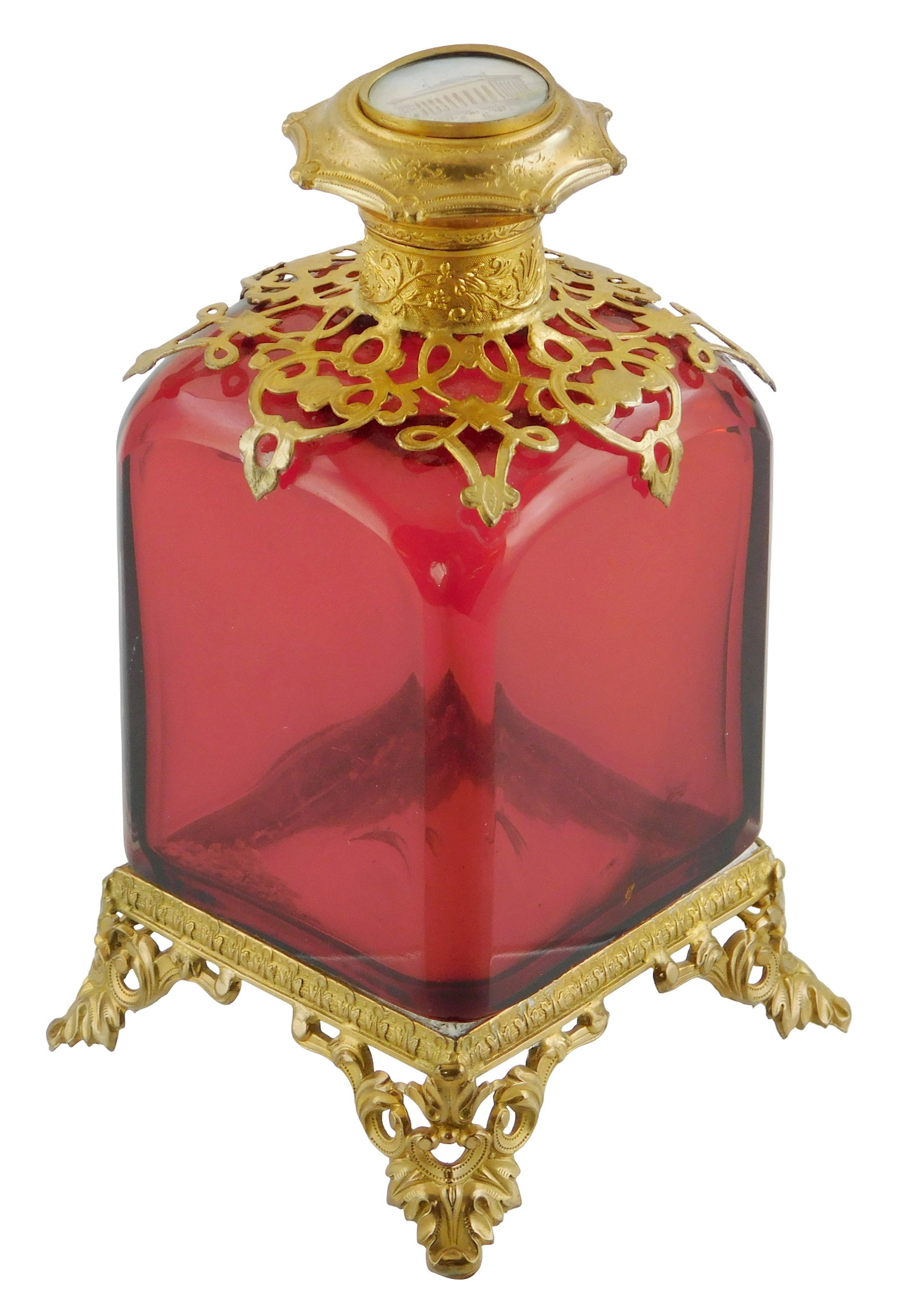 Palais Royale cranberry glass perfume bottle, French, 19th C., rectangular red vessel with ornate: Palais Royale cranberry glass perfume bottle, French, 19th C., rectangular red vessel with ornate gilt metal mount and base, contains hand painted medallion of Parisian landmark on bottle top, likely