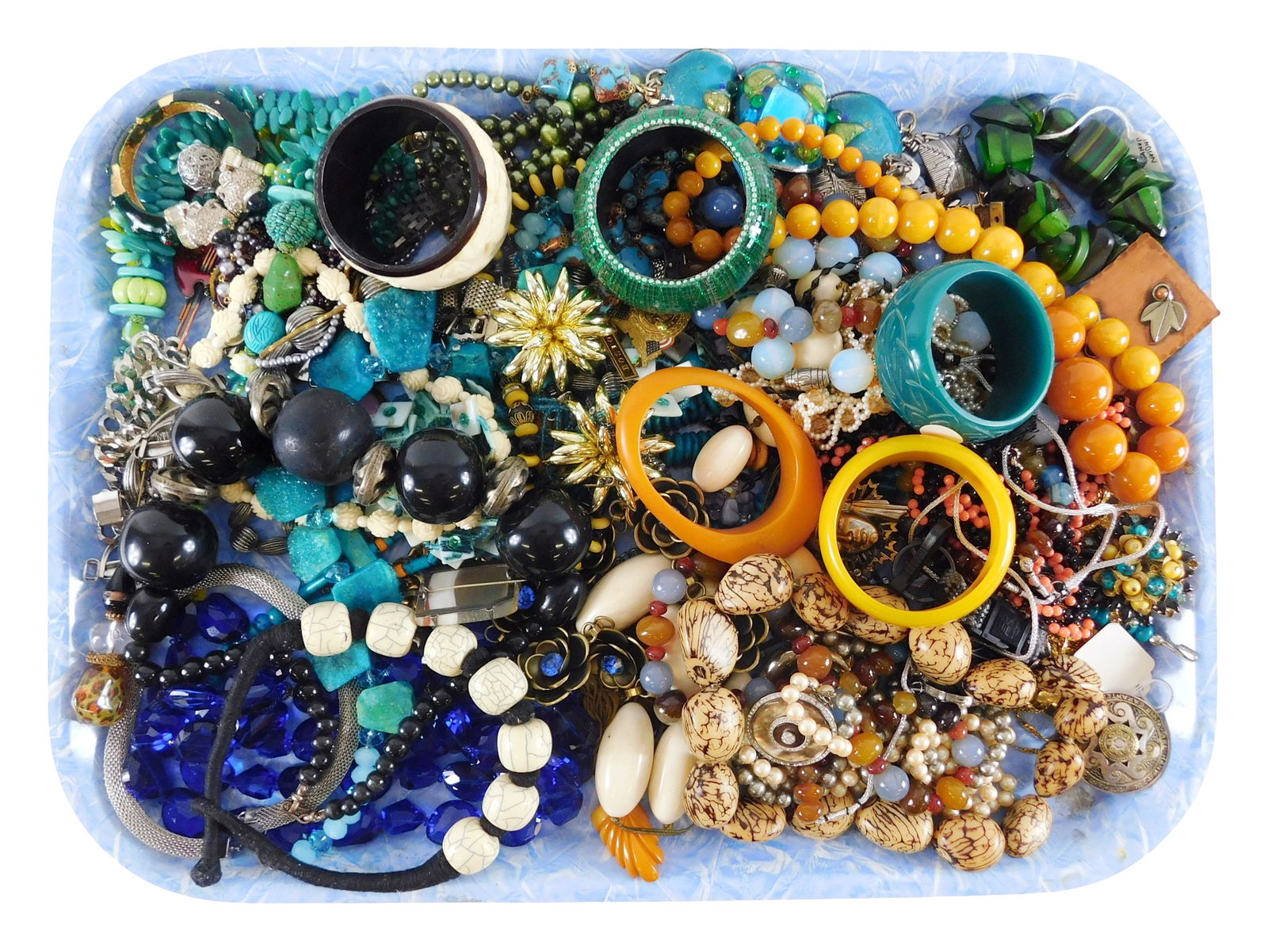 COSTUME JEWELRY: 60+ pieces of Bakelite type, hardstone, enamel, etc., many signed and named: COSTUME JEWELRY: 60+ pieces of Bakelite type, hardstone, enamel, etc., many signed and named including Tagua, Kelt, Reba, Bartek, Givenchy, etc., pieces include bangles, beaded necklaces, non-pierced