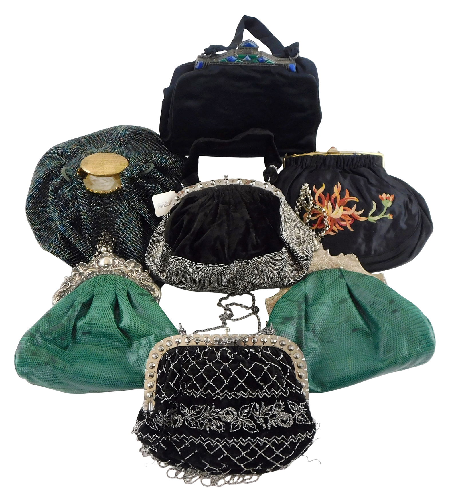 Seven vintage purses, including: two alligator-type purses with German silver clasps, one marked: Seven vintage purses, including: two alligator-type purses with German silver clasps, one marked “German Silver” and one with indistinct hallmarks; one iridescent black seed beaded purse with