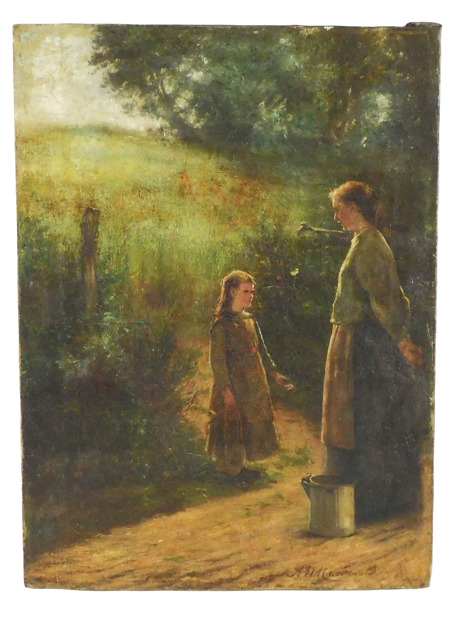 Untitled genre painting of mother and child, late 19th-early 20th C., oil on canvas, signed brown: Untitled genre painting of mother and child, late 19th-early 20th C., oil on canvas, signed brown paint lower right (illegible), unframed, scene of mother and child on dirt road in countryside, girl h