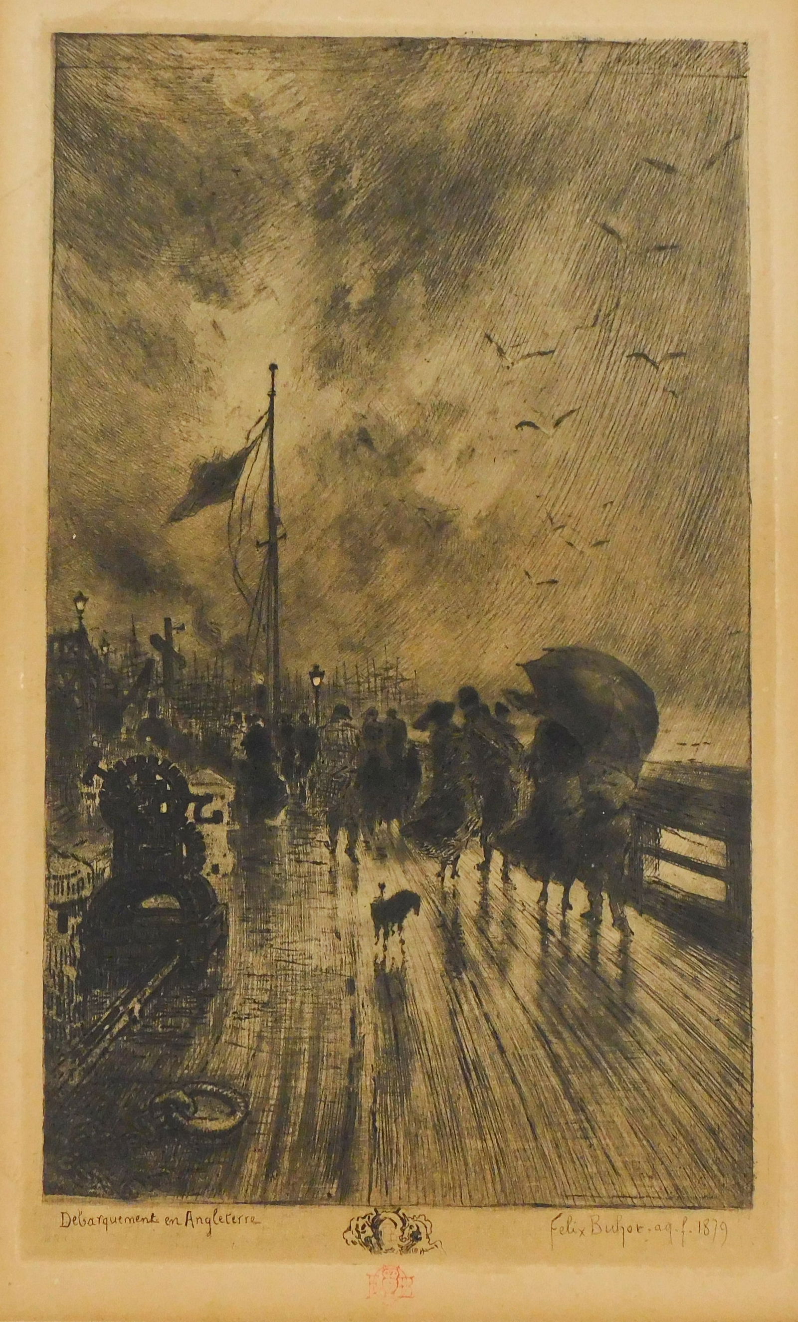 Felix Buhot (France, 1847-1898) "Debarquement en Angleterre (Landing in England", c. 1879, etching: Felix Buhot (France, 1847-1898) "Debarquement en Angleterre (Landing in England)", c. 1879, etching and drypoint on paper, red owl monogram "FB" at bottom edge, displays a scene of a rainy or stormy d