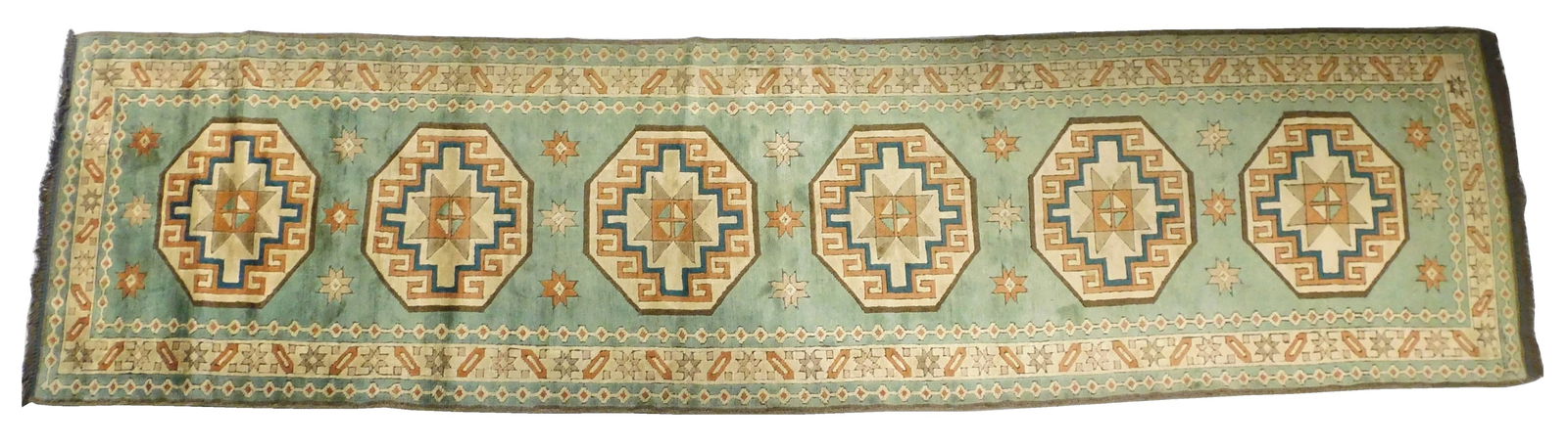 RUG: Turkish Konya runner, 3' 4" x 12' 7", wool on wool, neutral green ground with classic motifs, w (1 of 3)