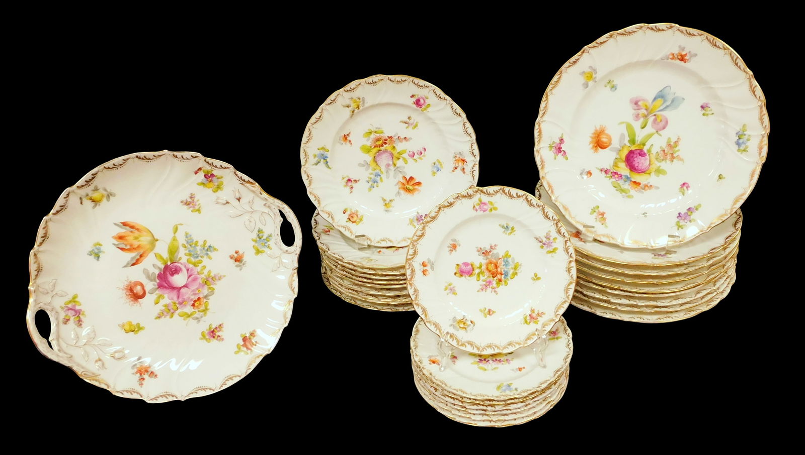 CHINA: Dresden porcelain with hand-painted floral decoration, twenty-eight pieces, all with green RL (1 of 4)