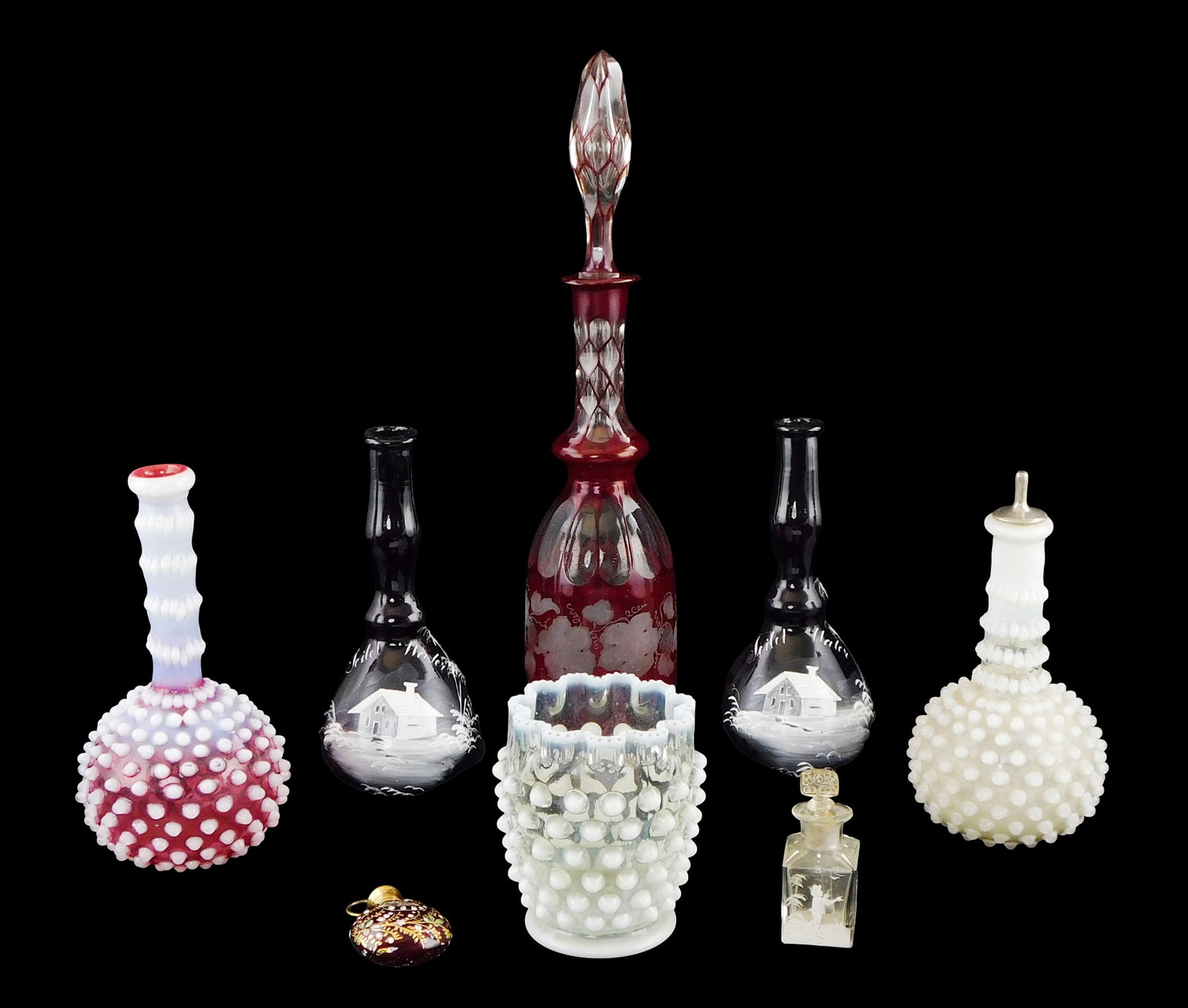 GLASS: Eight pieces of decorative glass, including: Bohemian art glass/ Moser style cranberry (1 of 6)