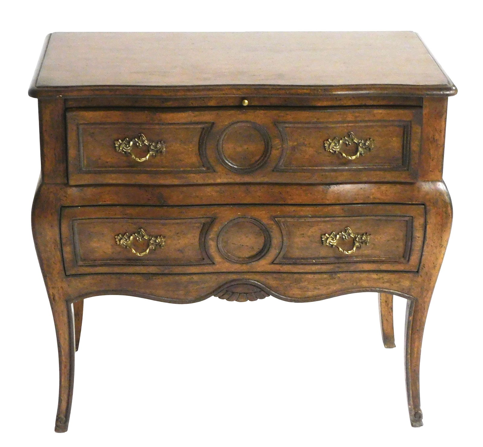 Auffery & Co. two drawer chest, New York, 20th C., French Louis XVI style, fruitwood, top with: Auffery & Co. two drawer chest, New York, 20th C., French Louis XVI style, fruitwood, top with shaped and molded edge over two long conforming drawers, candle slide, cast brass pulls, swelled lower se