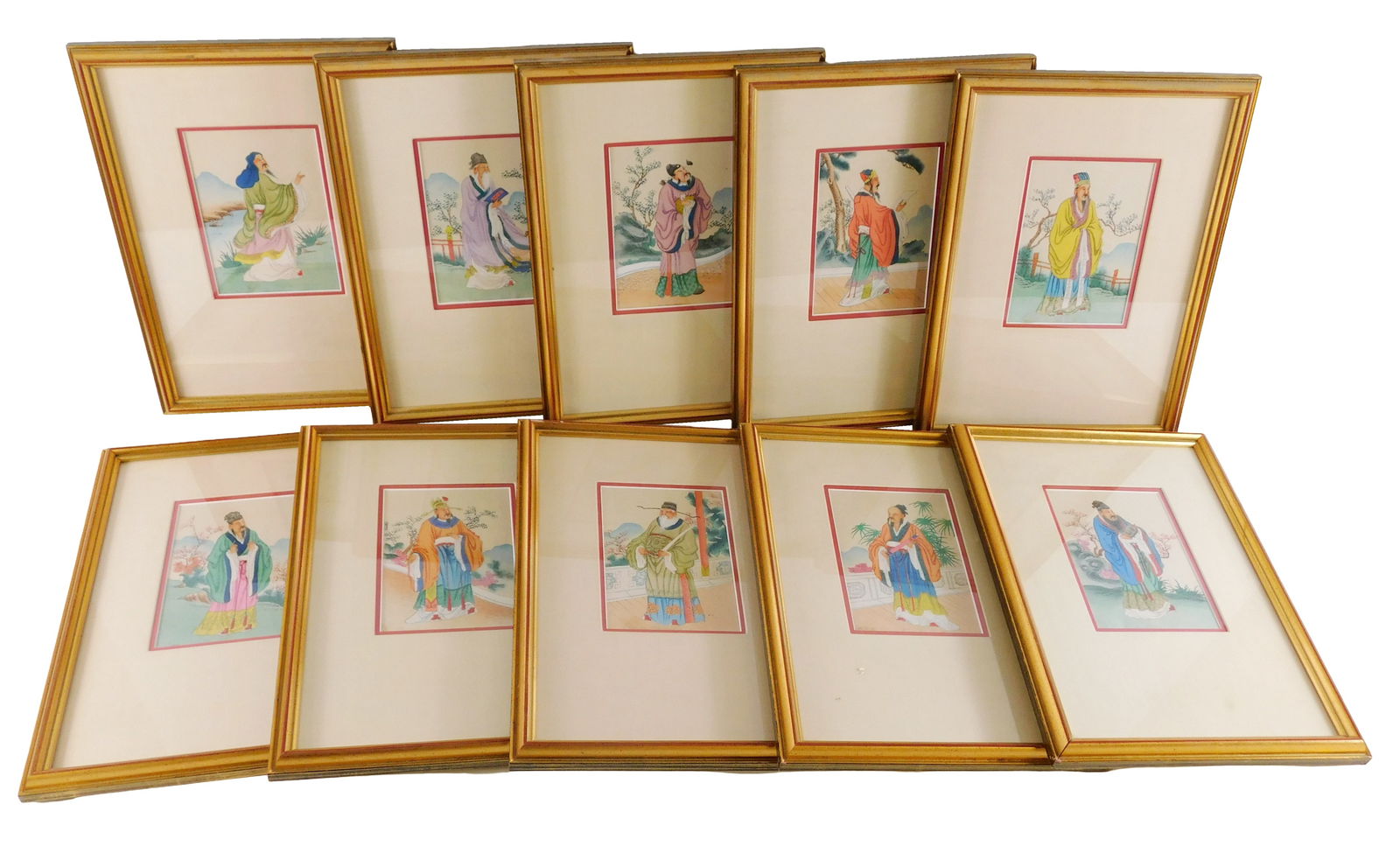 ASIAN: Ten Chinese hand-painted portraits of famous political and cultural figures, 20th C.,: ASIAN: Ten Chinese hand-painted portraits of famous political and cultural figures, 20th C., watercolor on linen or silk, double matted behind glass, all include short writeup affixed to back of frame