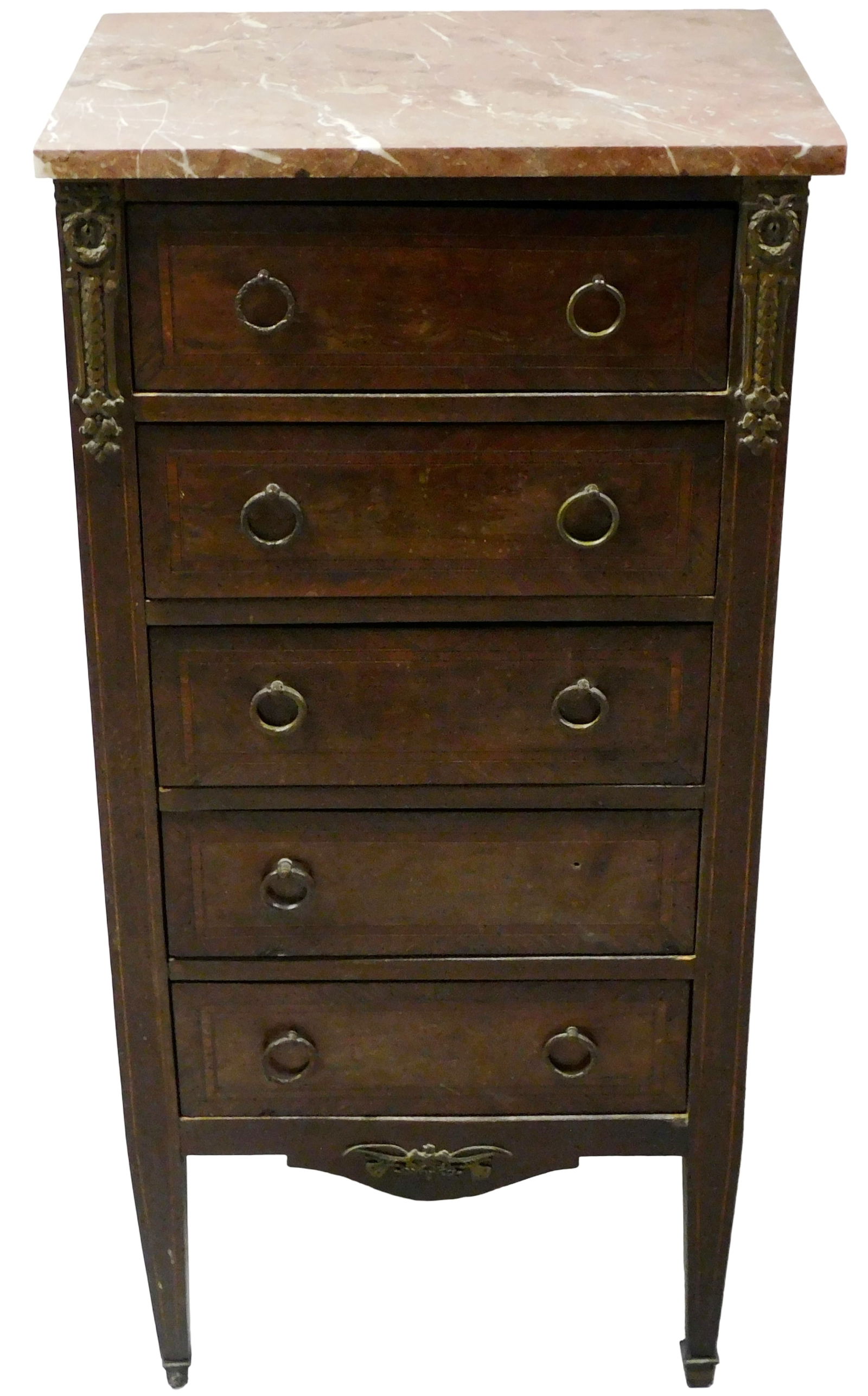 Late 19th/Eary 20th C. French style tall chest, wooden chest of five graduated drawers, drawers and: Late 19th/Eary 20th C. French style tall chest, wooden chest of five graduated drawers, drawers and sides decorated with parquetry veneers, red/brown marble top, decorative brass ring pulls, decorativ