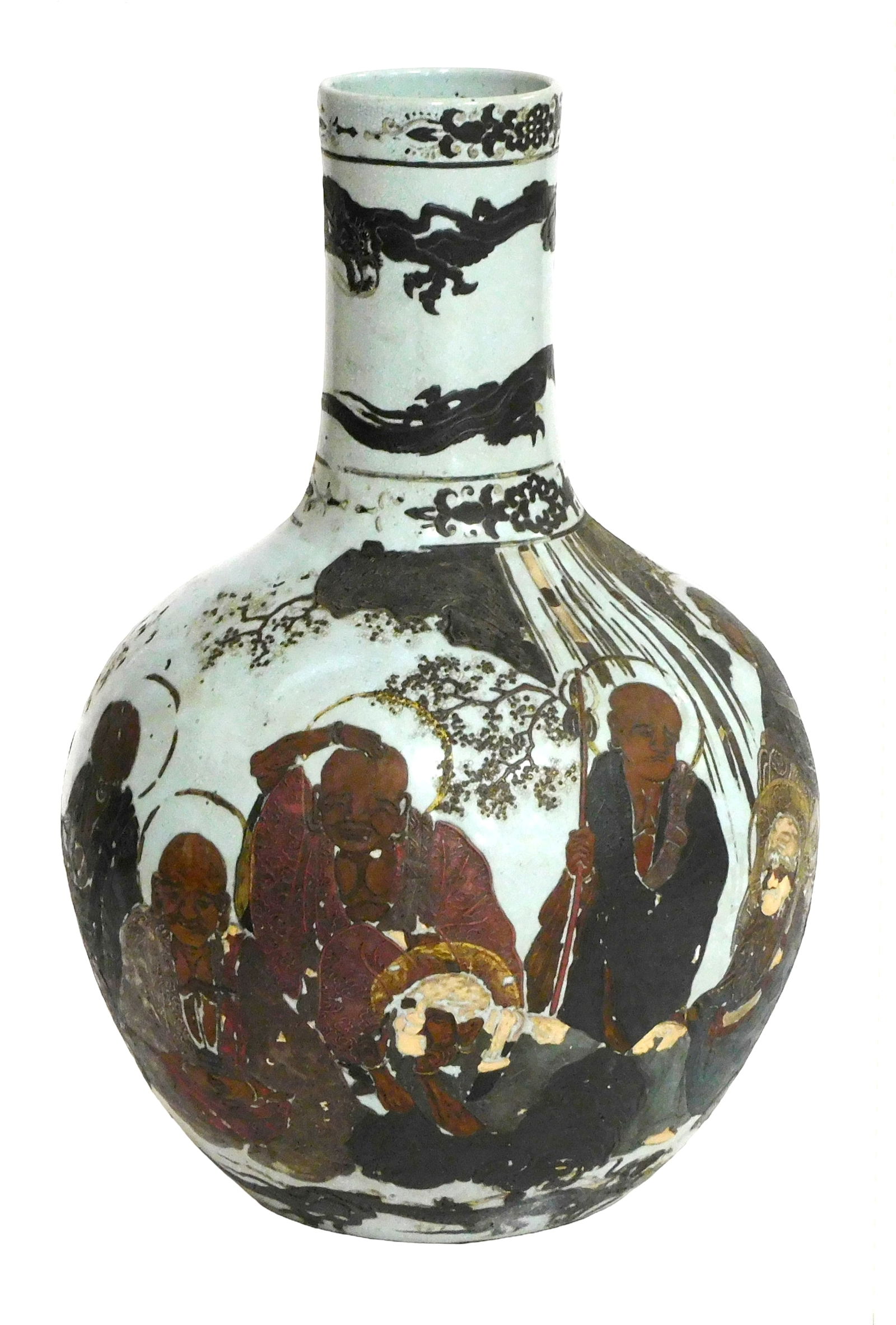 ASIAN: Chinese oversized porcelain vase, late Qing Dynasty/ Republic Period, decorated in Japan in: ASIAN: Chinese oversized porcelain vase, late Qing Dynasty/ Republic Period, decorated in Japan in Satsuma style, elongated neck over bulbous base, decorated with overlapping deities at waist, dragon