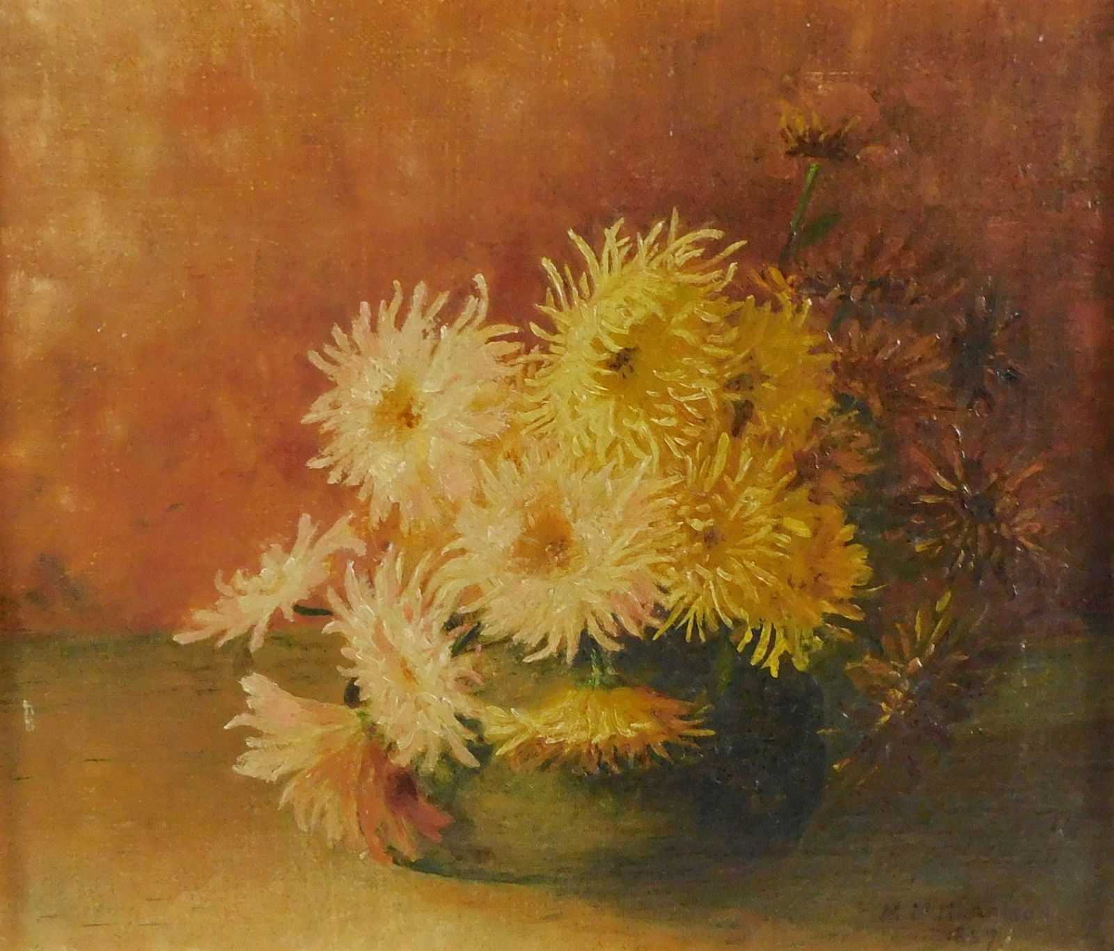 M. N. Harrison (19th C.) floral still life, c. 1887, oil on canvas, framed, signed in burgundy paint: M. N. Harrison (19th C.) floral still life, c. 1887, oil on canvas, framed, signed in burgundy paint lower right “M N Harrison 1887”, depicts bouquet of pink, white and yellow flowers, all in