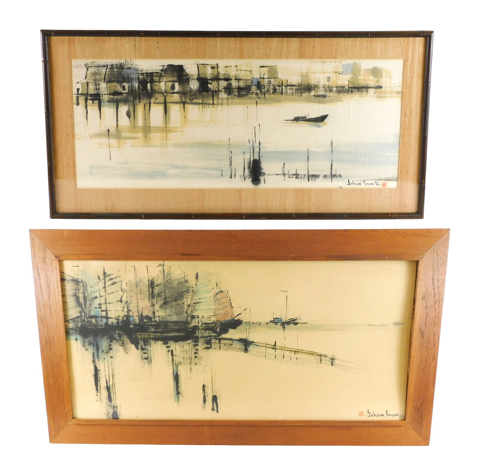 ASIAN: Two Jehan Chan (Malaysia, 1937-2011) waterscape paintings, including: untitled painting of a: ASIAN: Two Jehan Chan (Malaysia, 1937-2011) waterscape paintings, including: untitled painting of a seaside village, C. 1966, mixed media on white rice paper, signature date and chop lower right, fram