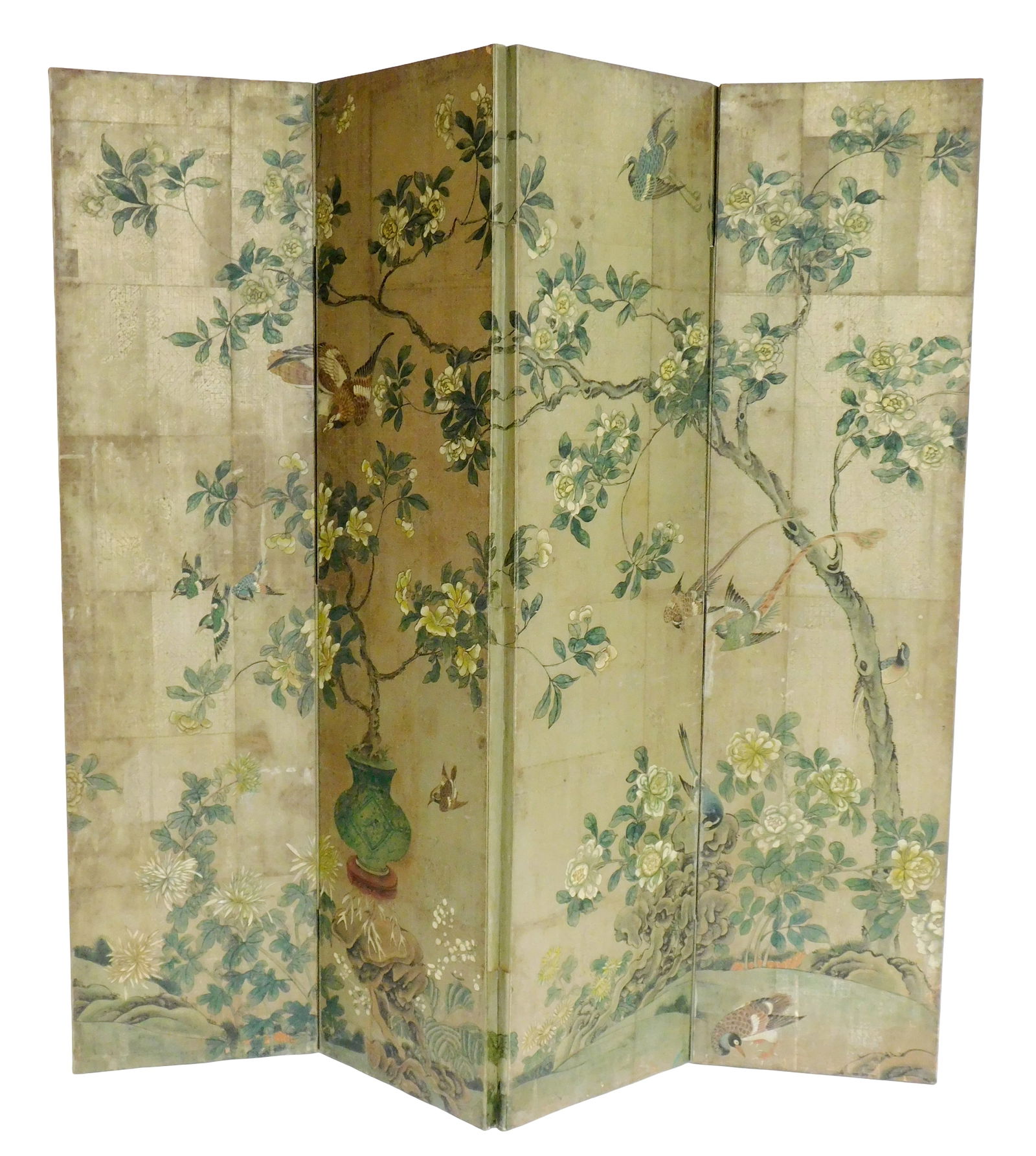 ASIAN: Asian style four panel screen, late 19th-early 20th C., wood frame with stretched canvas,: ASIAN: Asian style four panel screen, late 19th-early 20th C., wood frame with stretched canvas, overlaid with oil or gouache hand painted bird and branch landscape, floral motifs such as peony flower