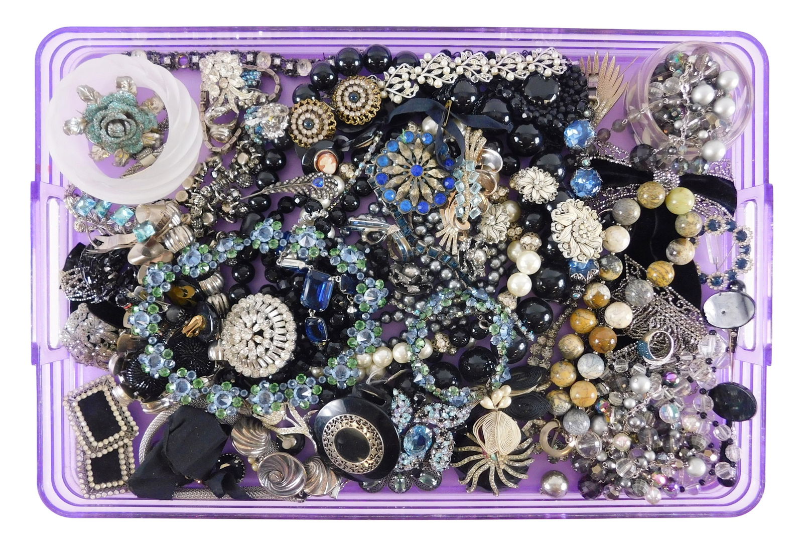 COSTUME JEWELRY: Eisenberg, Trifari, etc., 50+ pieces, many bejeweled in colors of blue, green,: COSTUME JEWELRY: Eisenberg, Trifari, etc., 50+ pieces, many bejeweled in colors of blue, green, clear and black, materials include, gold-plated, gold-toned, silver-toned and with faux faceted stones,
