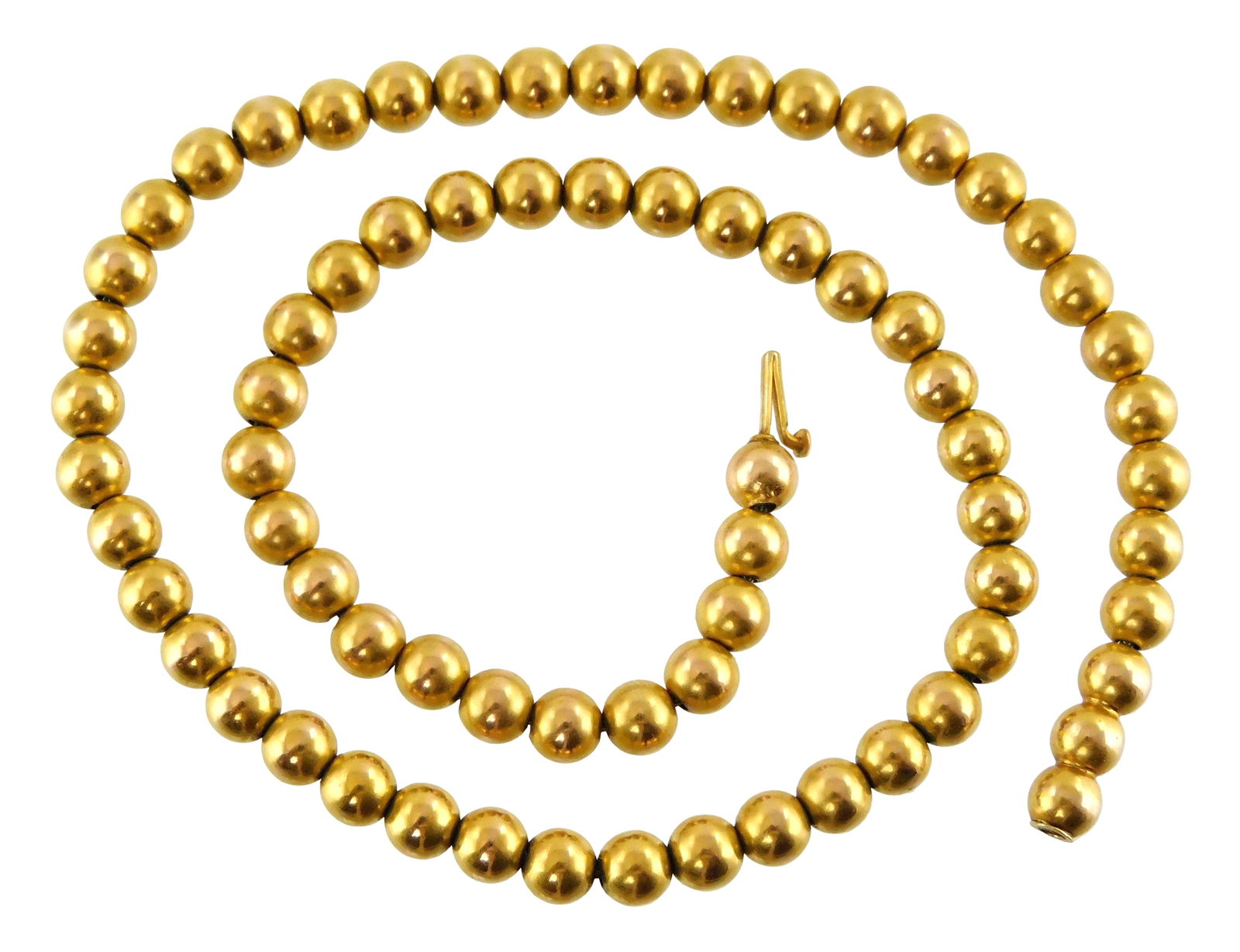JEWELRY: 14K Yellow gold bead necklace, stamped "14K" on clasp, approximately seventy-two 5mm beads, (1 of 2)