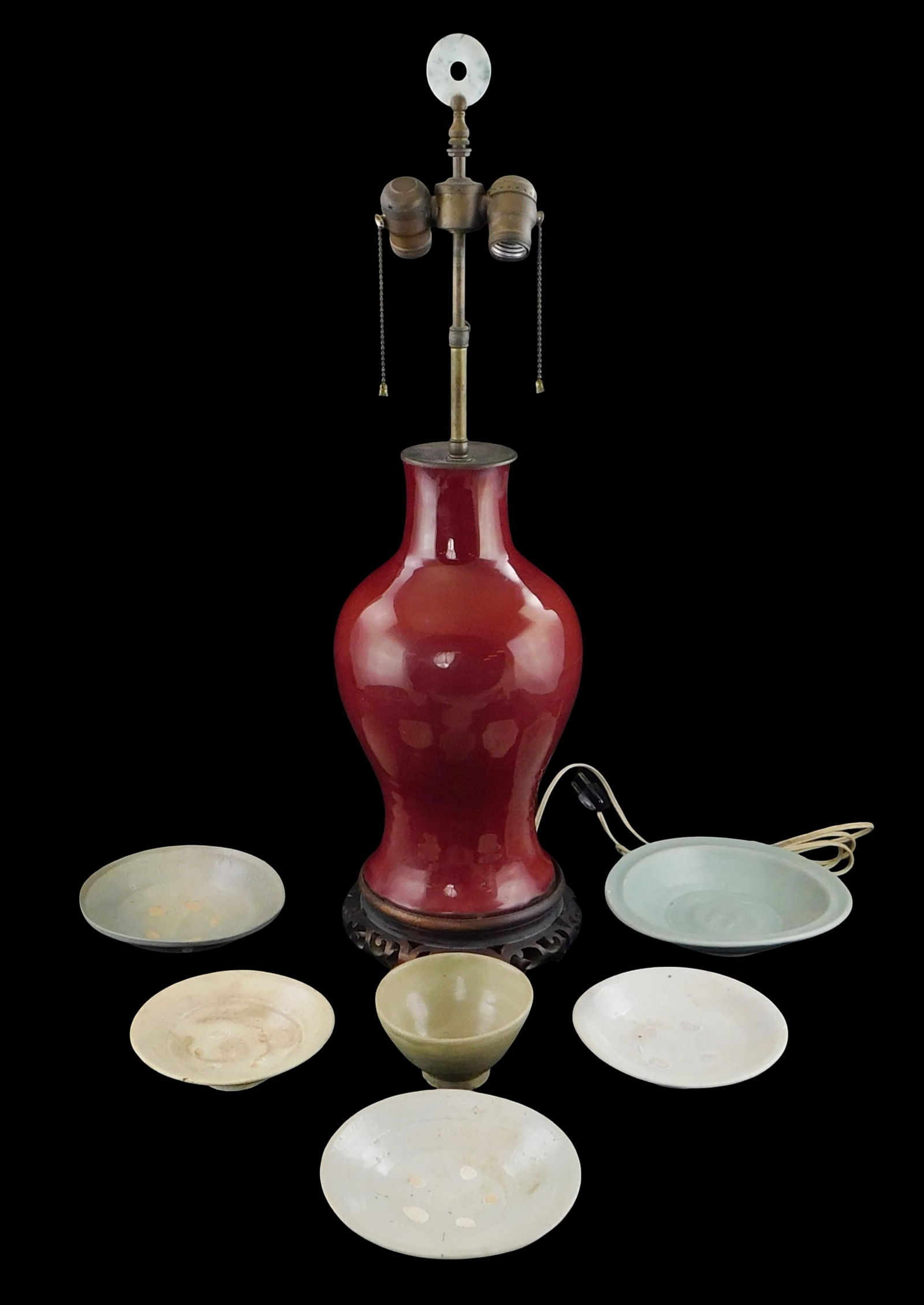 ASIAN: Pottery group, seven pieces including five pieces previously identified as Sung Dynasty: four: ASIAN: Pottery group, seven pieces including five pieces previously identified as Sung Dynasty: four plates of various sizes; and one bowl or cup, 4 1/2" diam., all with chips and imperfections; along