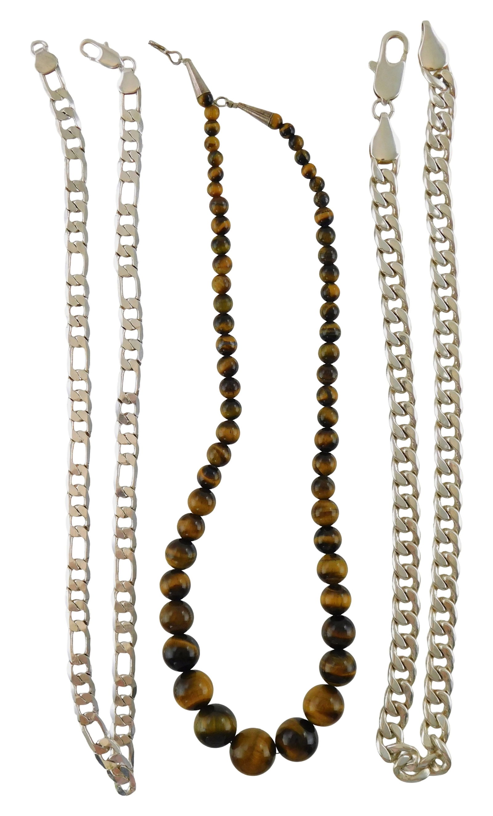 JEWELRY: Set of three chains and necklace, including a tigers eye graduated beaded necklace, with: JEWELRY: Set of three chains and necklace, including a tigers eye graduated beaded necklace, with sterling marked clasps, 19” l.; a large sterling silver Cuban link chain, marked “925” o