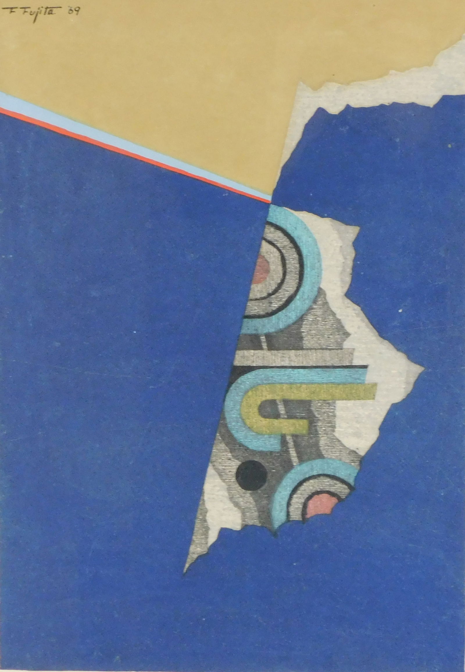ASIAN: Fumio Fujita (Japanese, 1933 -), contemporary woodblock, "Scenery 69-B", 1969, abstract with: ASIAN: Fumio Fujita (Japanese, 1933 -), contemporary woodblock, "Scenery 69-B", 1969, abstract with blue and gold, ed. 6/100?, framed and matted behind glass, wear consistent with age, toning, not exa