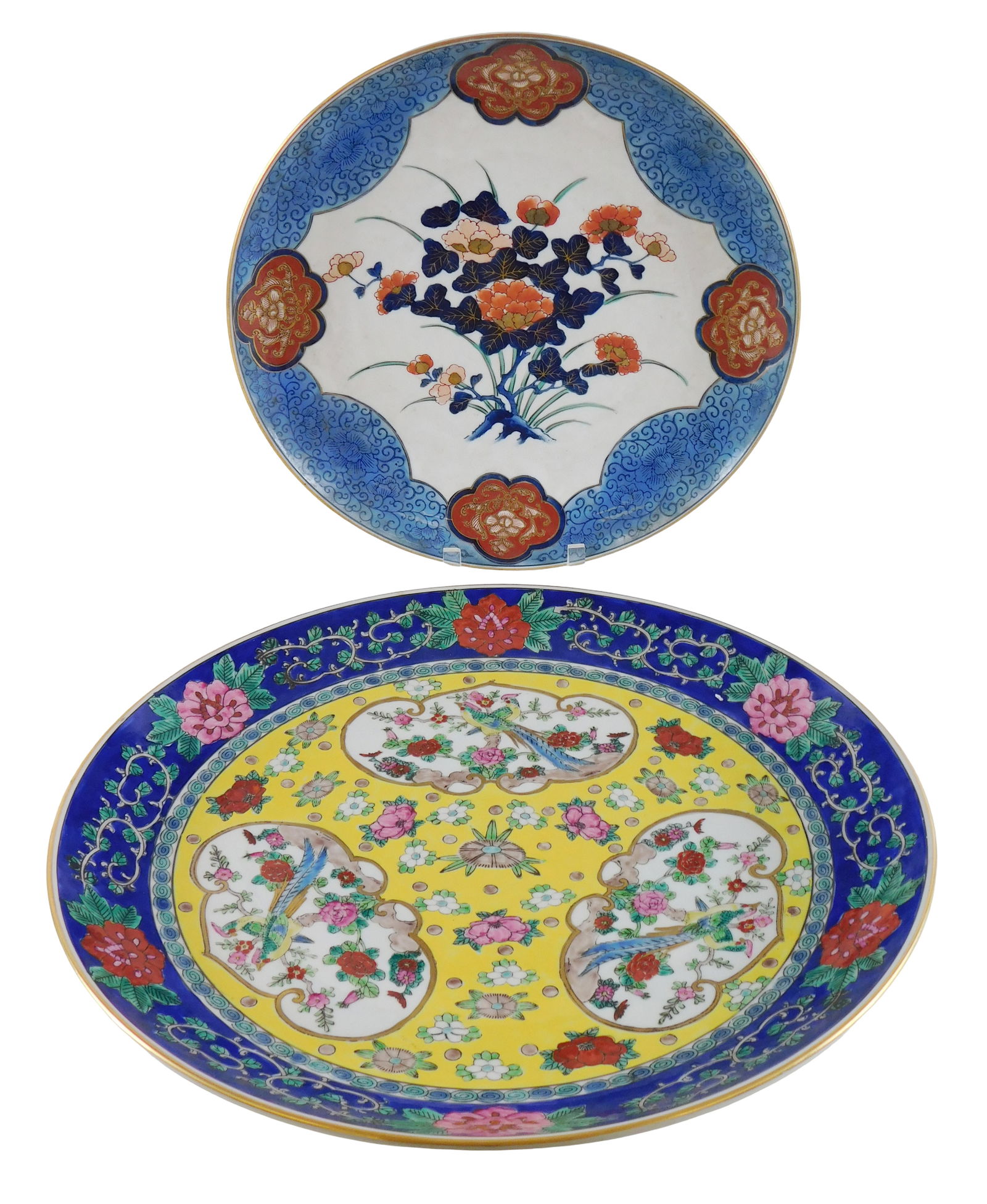 ASIAN: Two Chinese and Japanese chargers: Chinese Famille Jaune charger, center yellow medallion (1 of 6)